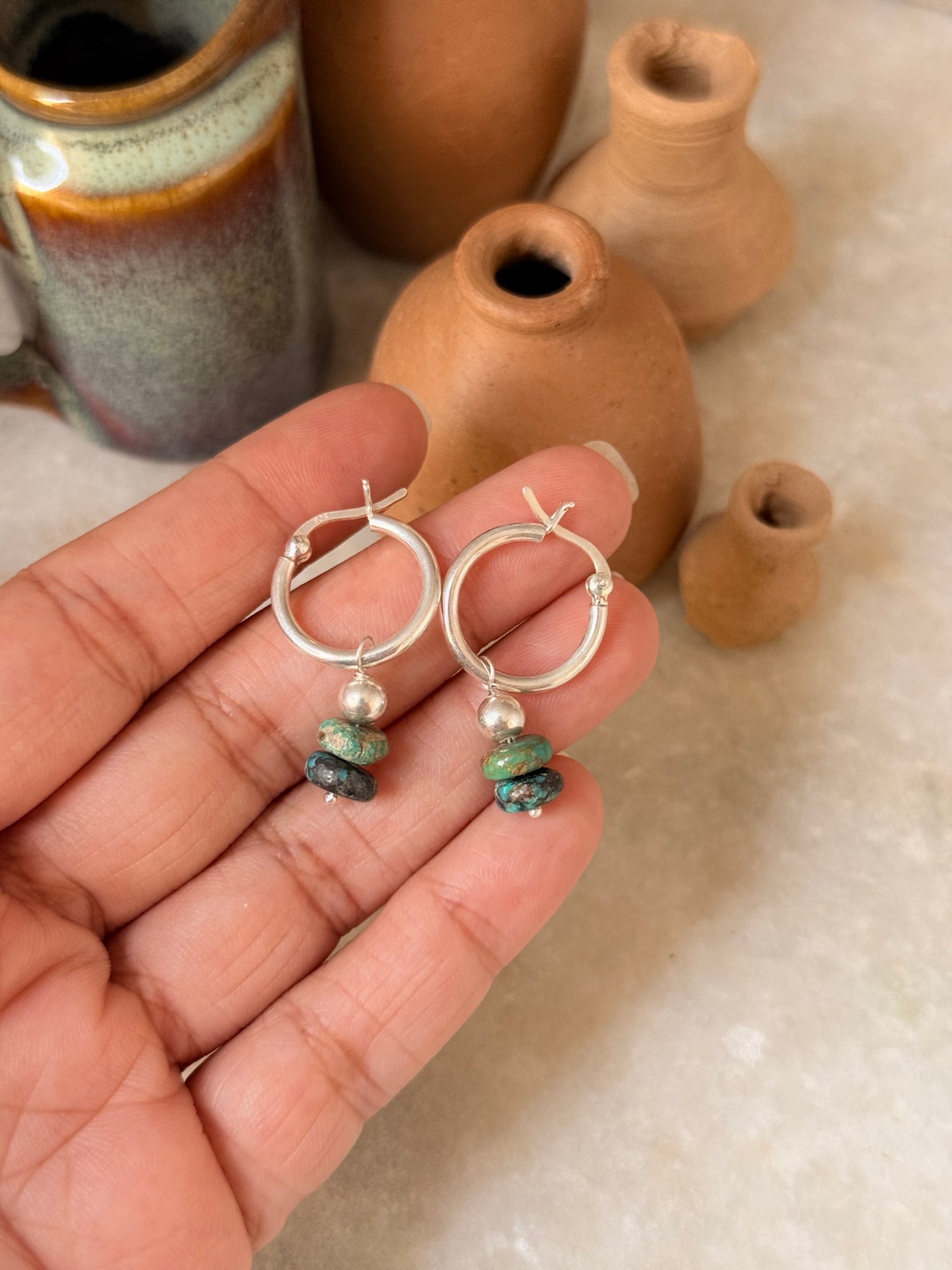 925 Sterling Silver Kingsman Turquoise With Silver Balls Tribal Handcrafted Italian Hoops
