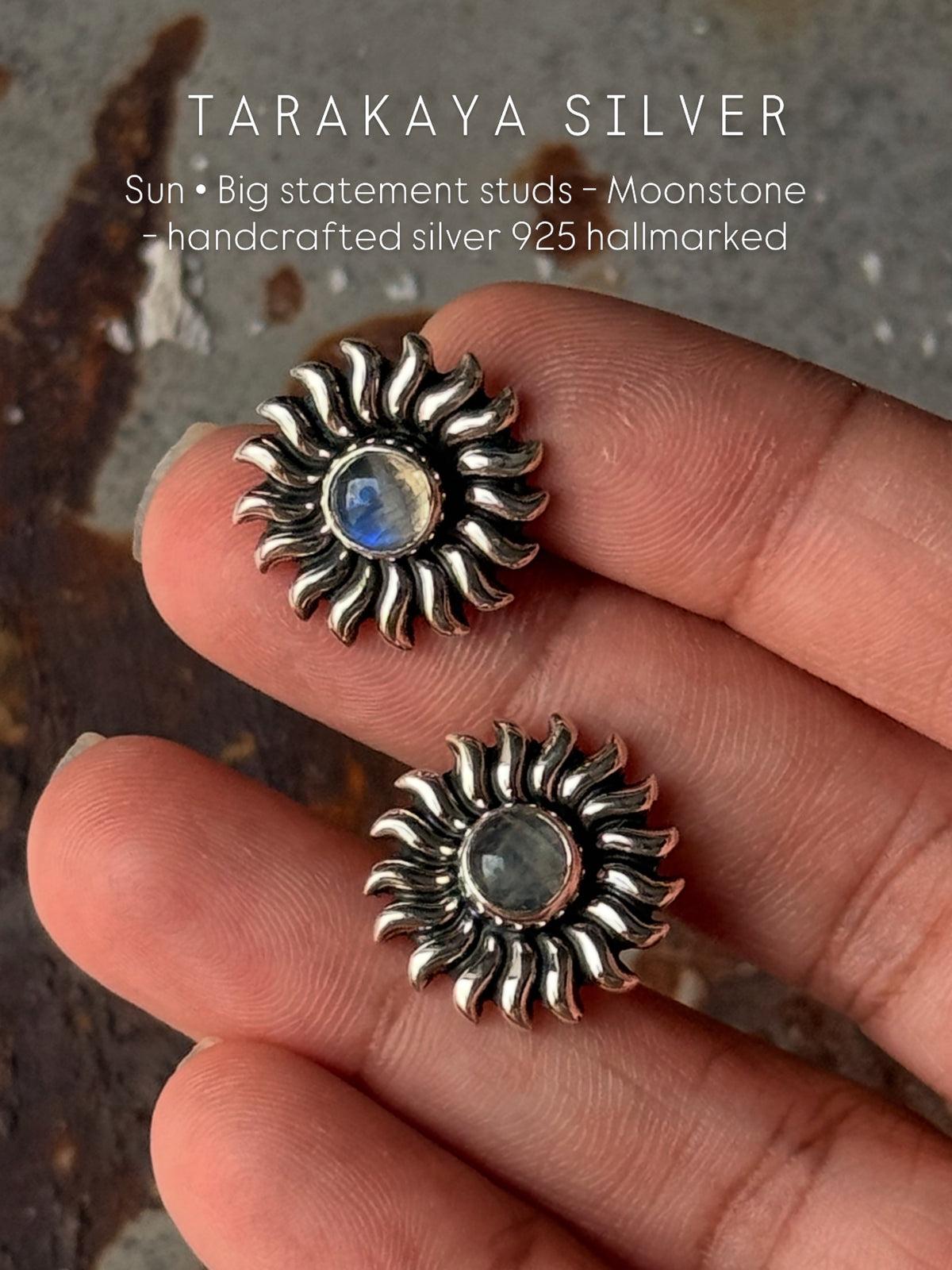 925 Sterling Silver Moonstone Big Sun Stud Earrings