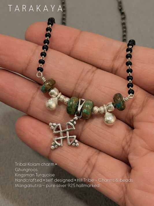925 Sterling Silver Tribal Kolam Kingsman Turquoise Handcrafted One of a Kind Boho Style Mangalsutra
