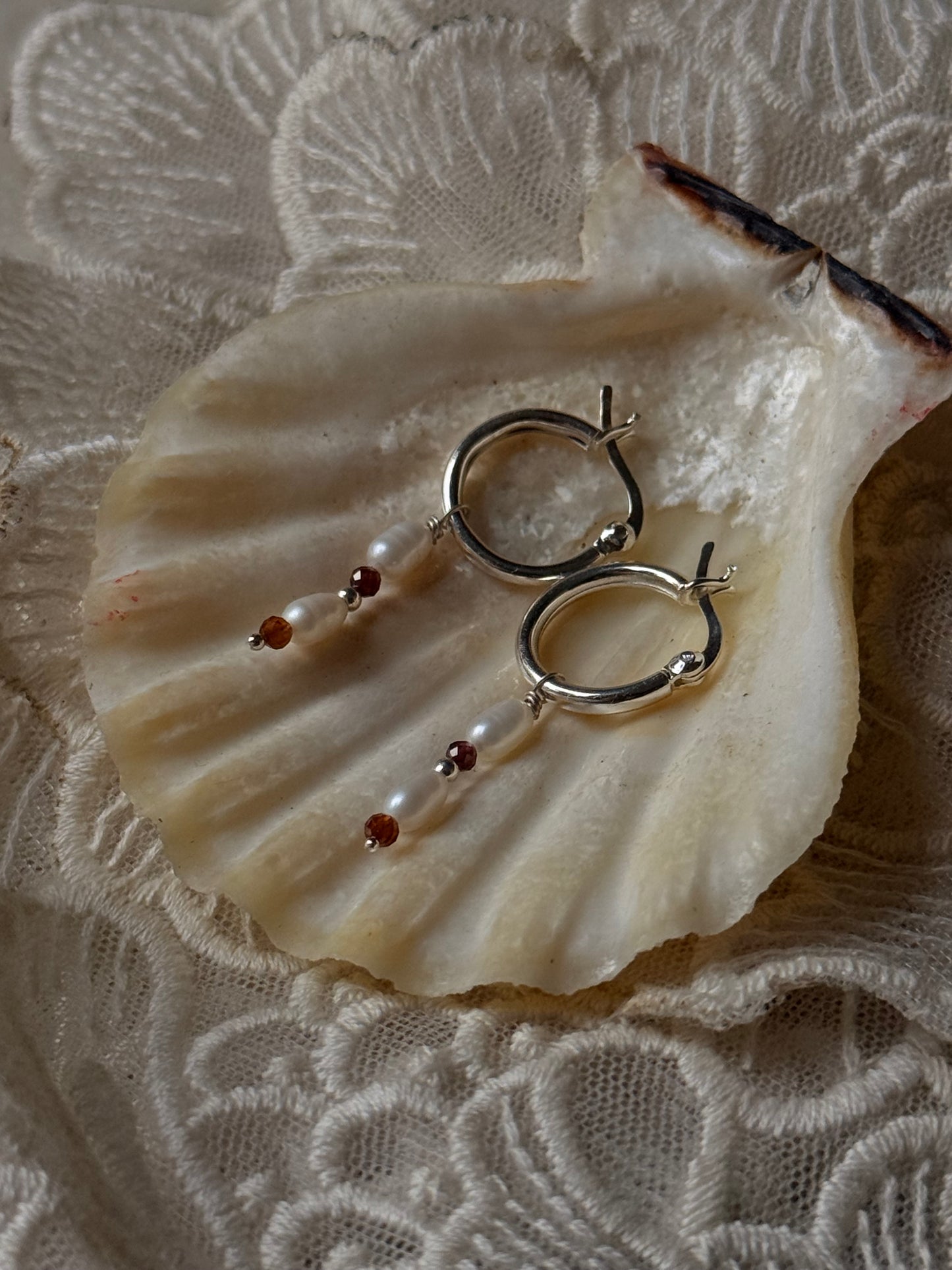925 Sterling Silver Hessonite 2mm Fresh Water Pearl Hoops Earrings