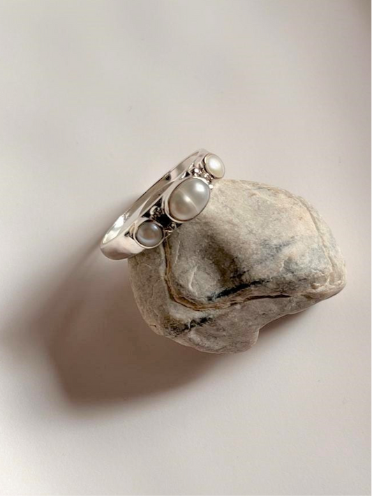 Fresh Water Pearl 3 Stone 925 Sterling Silver Ring