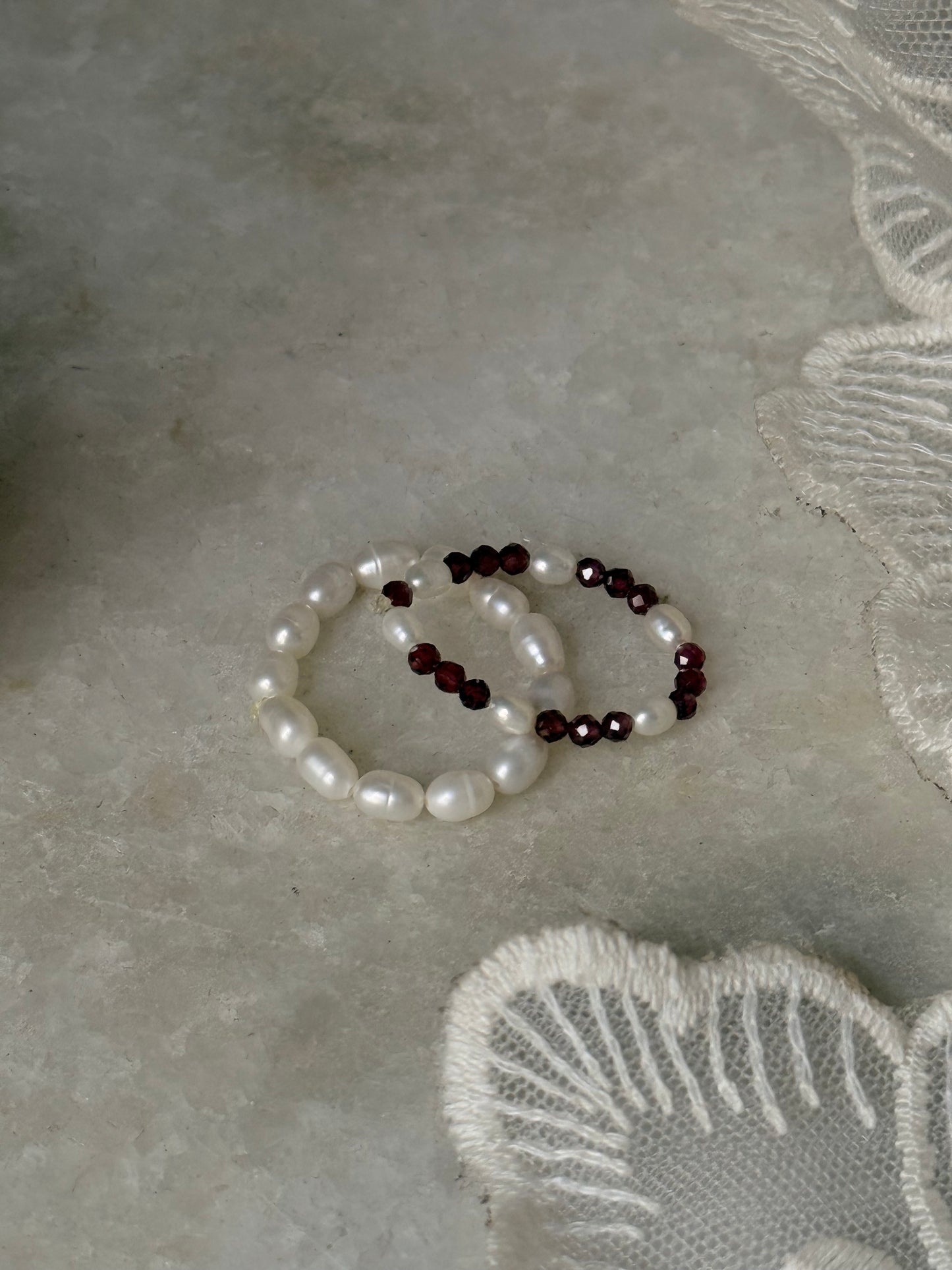 Natural Crystal Stretchy Fresh Water Pearl & Garnet Pearl Rings