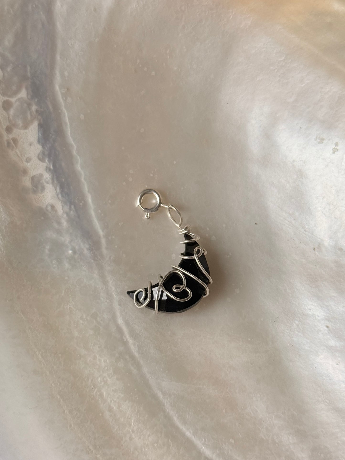 925 Sterling Silver Black Onyx Moon Wire Wrapped Handcrafted Pendant