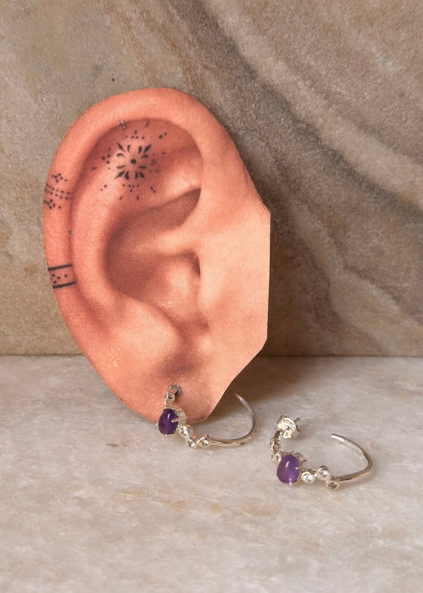 925 Sterling Silver Amethyst Cz Half Hoops Earrings