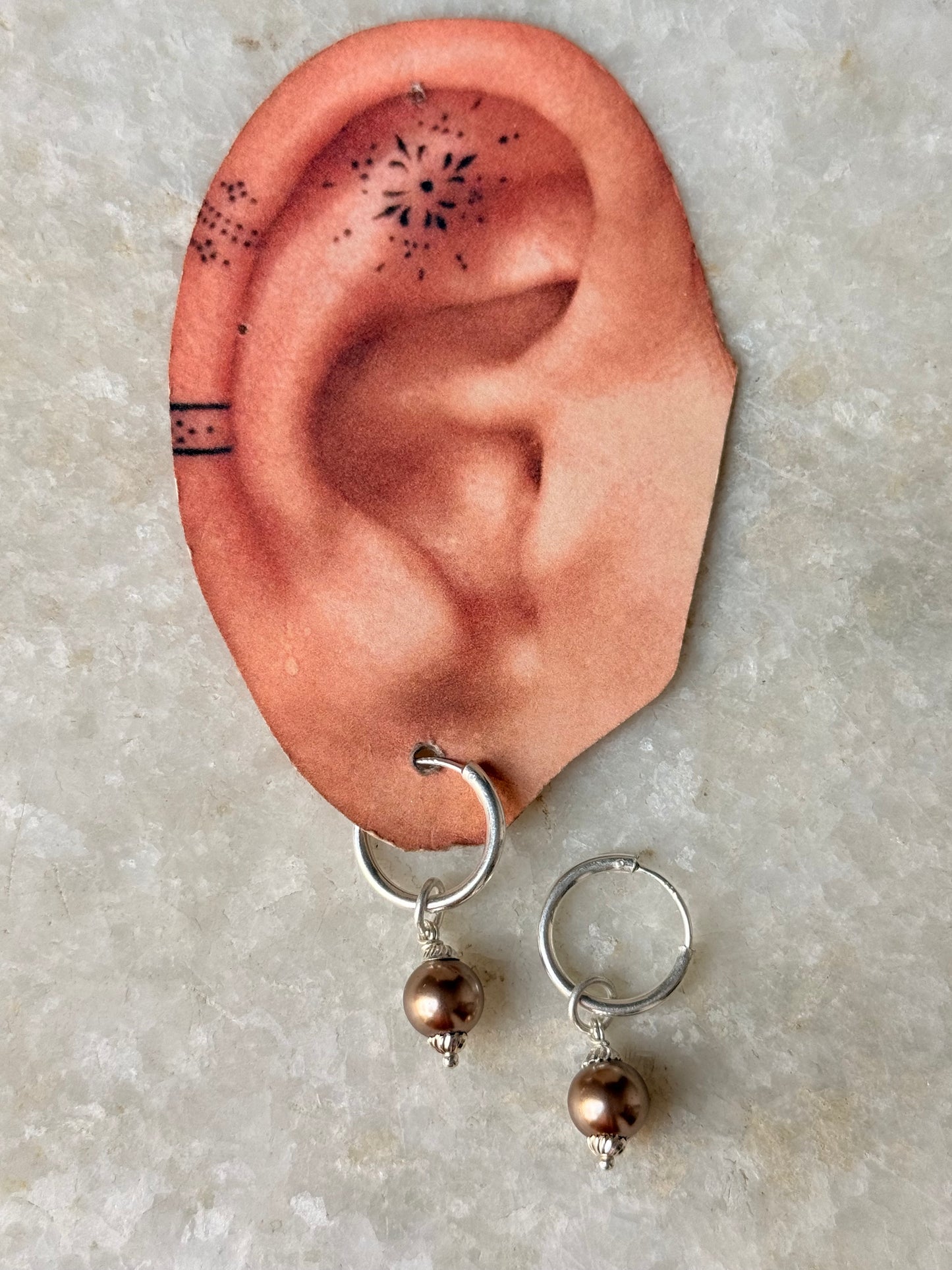 Brown Faux Pearl Charm 925 Sterling Silver Hoops