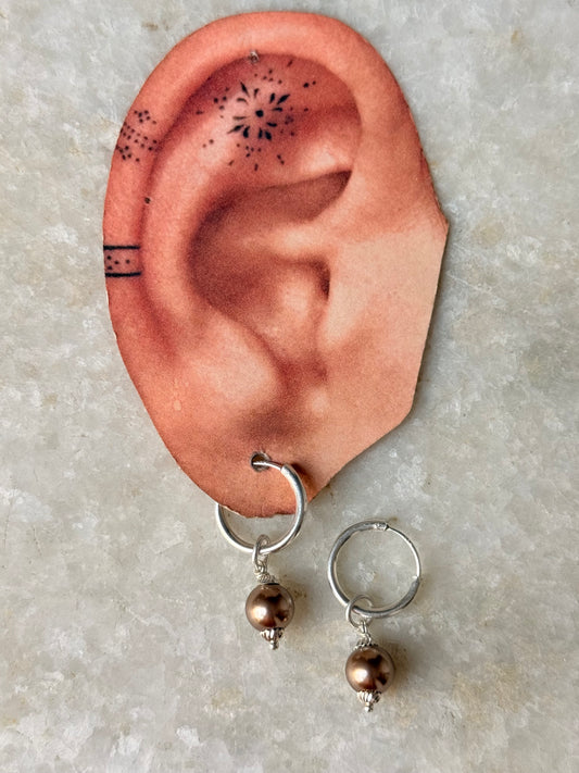 Brown Faux Pearl Charm 925 Sterling Silver Hoops