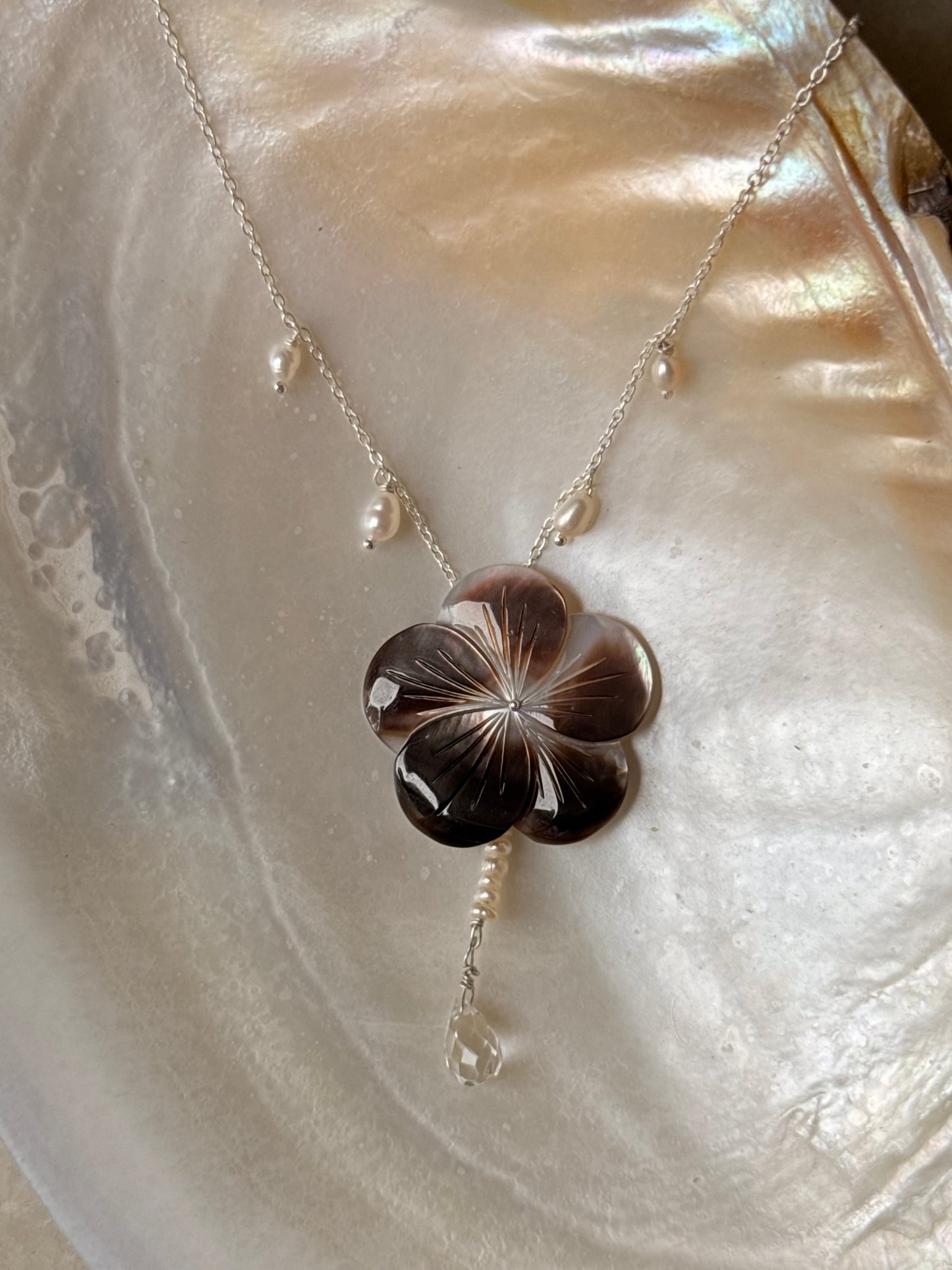 925 Sterling Silver Brown Mother Of Pearl Flower Carved , Fresh Water Pearls Charms & Clear Quartz Drop Handcrafted Dainty Necklace