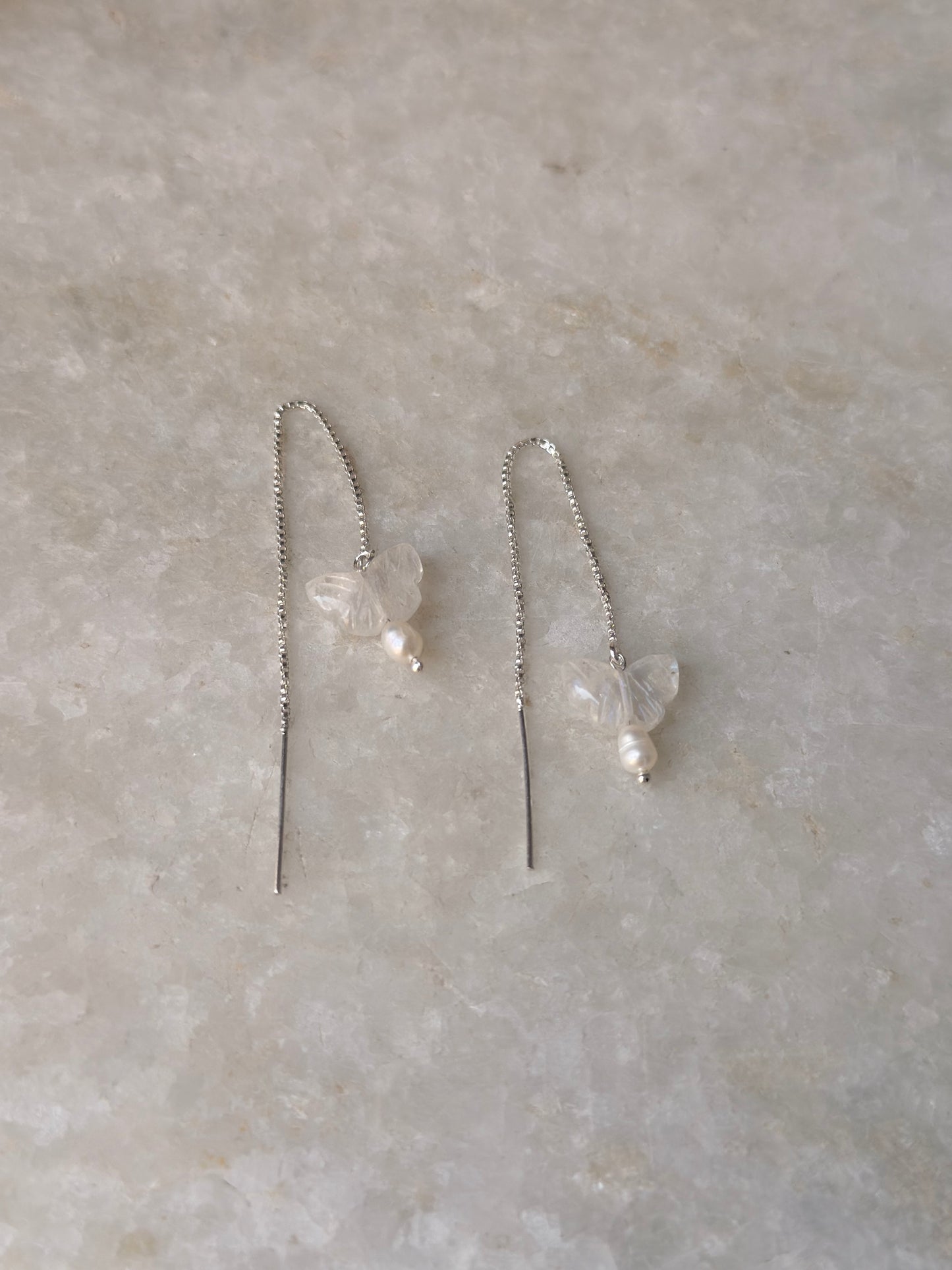 925 Sterling Silver Moonstone Butterfly & Pearls Sui Dhaga Earrings