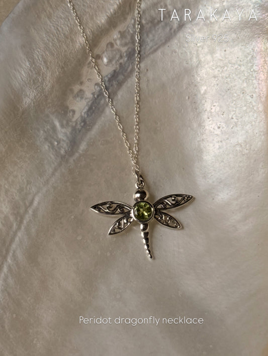 925 Sterling Silver Peridot Dragonfly Dainty Cable Chain Necklace