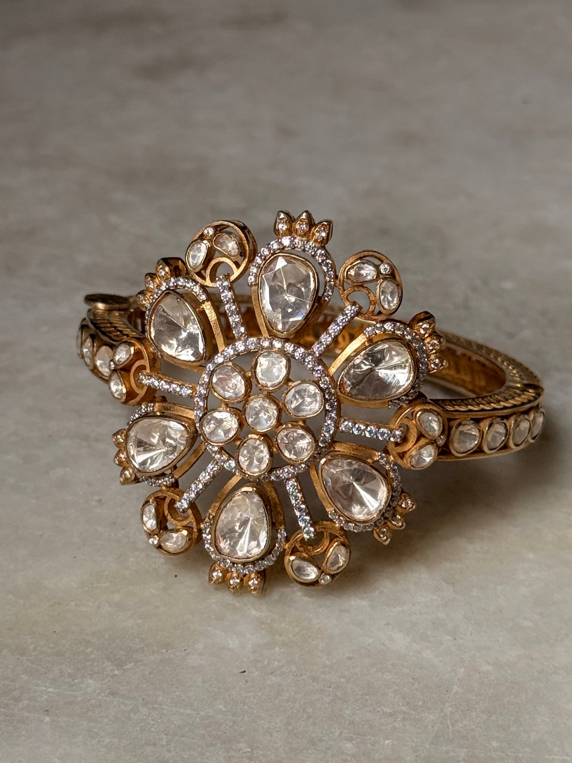 Boho Luxe 925 Sterling Silver Gold Plated Antique Moissanite Polki Cuff Bracelet