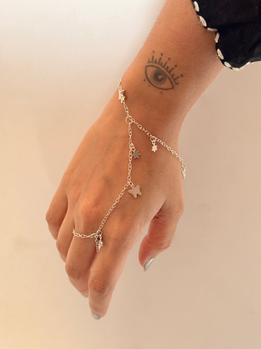 925 Sterling Silver Pretty Butterfly & Star Charms Handcrafted Hand Chain