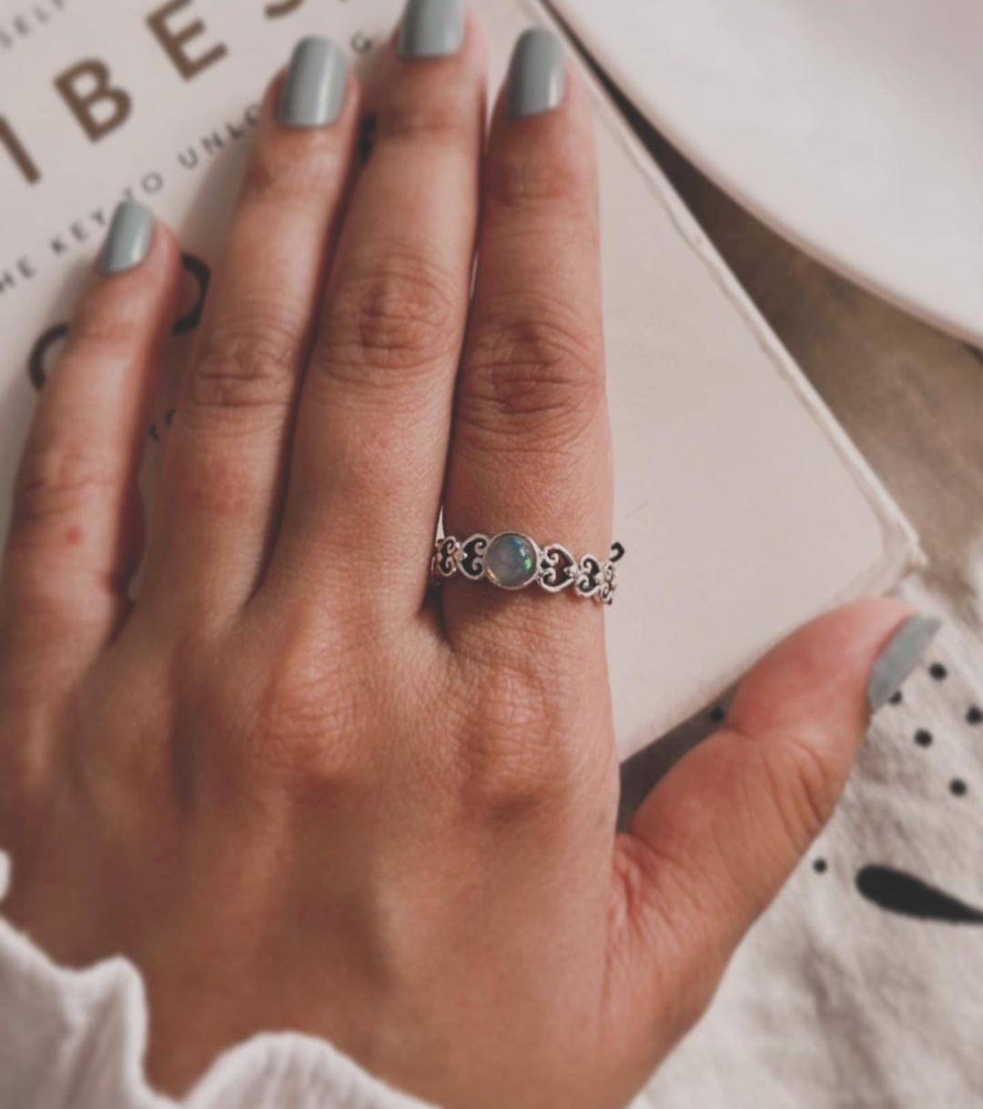 Opal Princess Cut Silver Band Ring