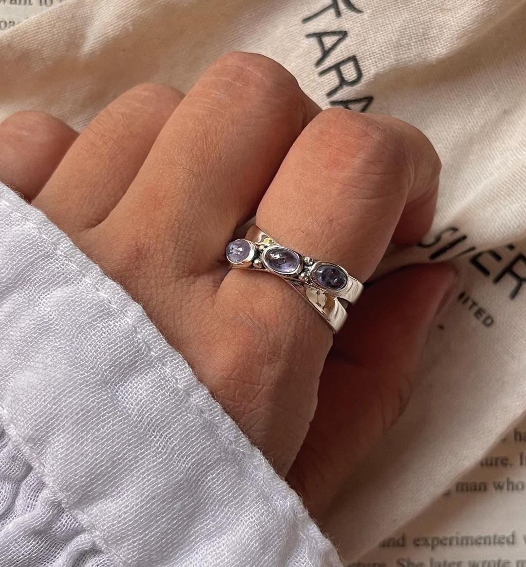 925 sterling silver tanzanite cross band ring