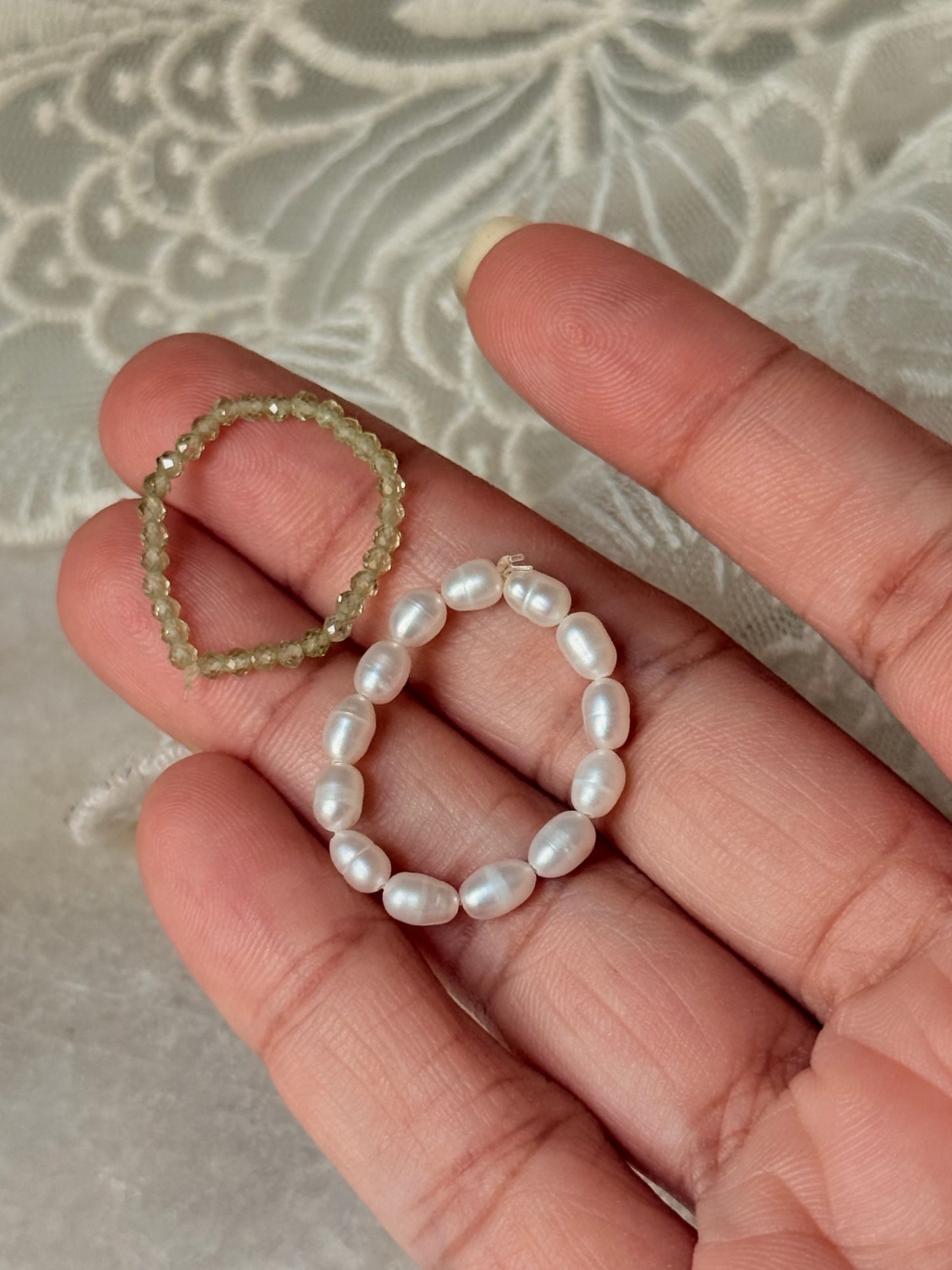 Natural Crystal Stretchy Fresh Water Pearl & Peridot Rings