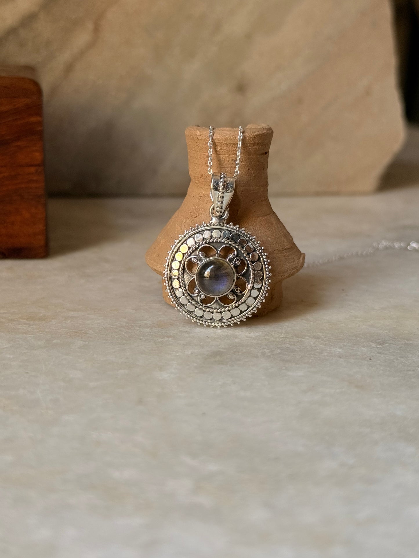 925 Sterling Silver Labradorite Mandala Boho Handcrafted Pendant
