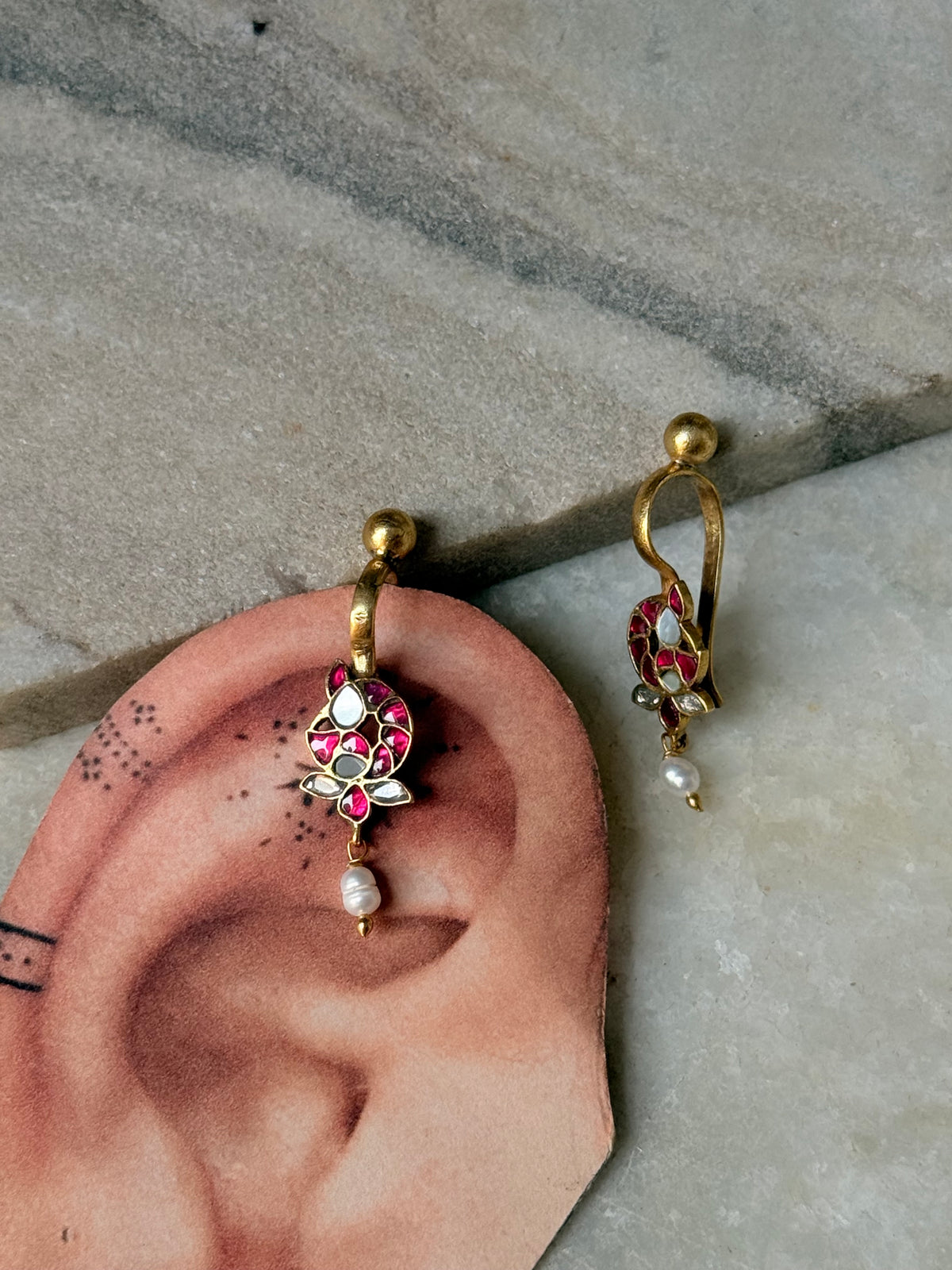 925 Sterling Silver Gold Plated Pink White Stone Kundan Polki & Fresh Water Pearls Charm Bugadi Ear Cuff