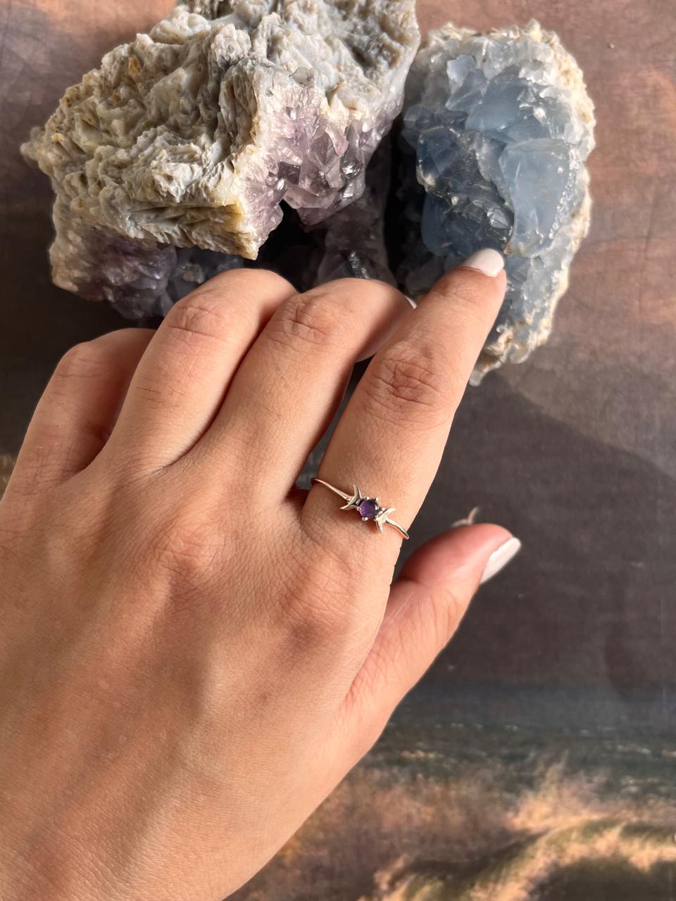 Silver Ring with Amethyst and Celestial Moon Phases Design