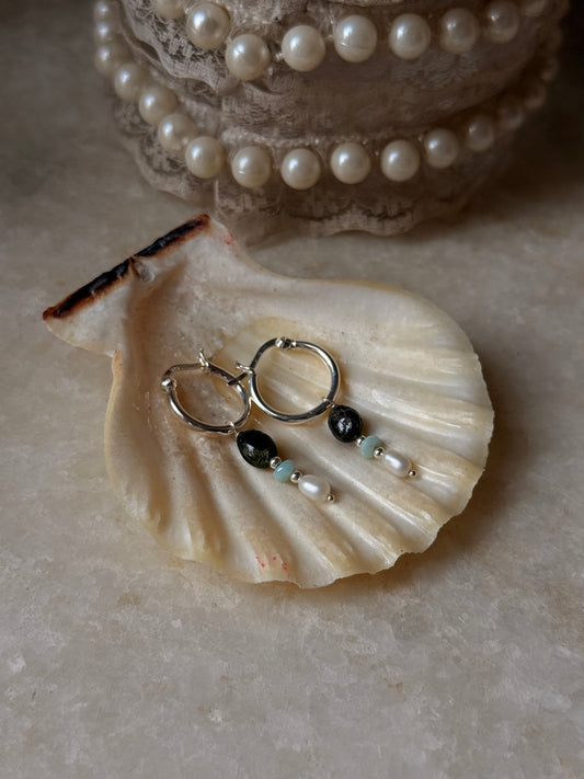 925 Sterling Silver Green Tourmaline Larimar Fresh Water Pearls Hangings Hoops Earrings