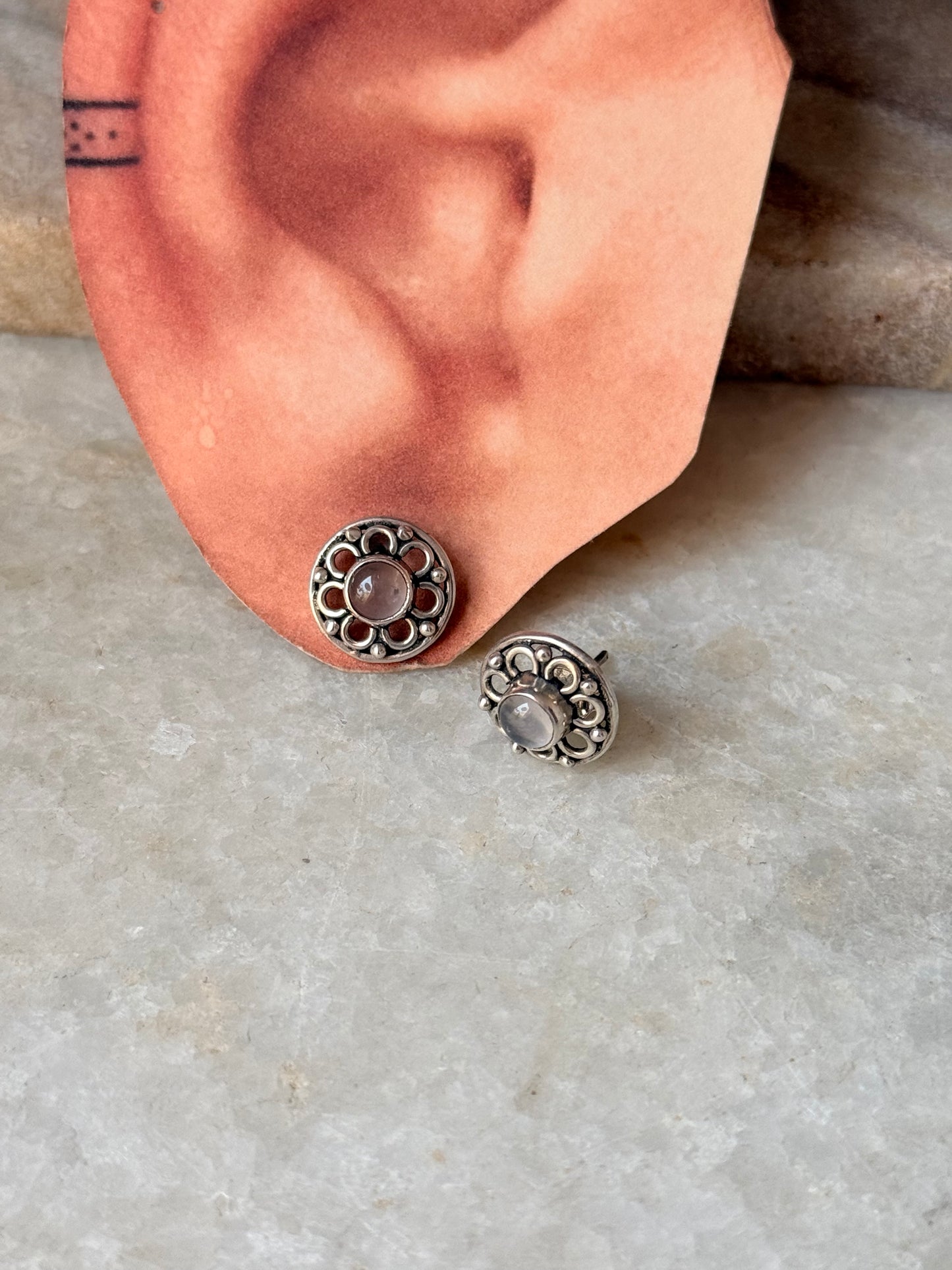 925 Sterling Silver Rose Quartz Round Flower Earrings