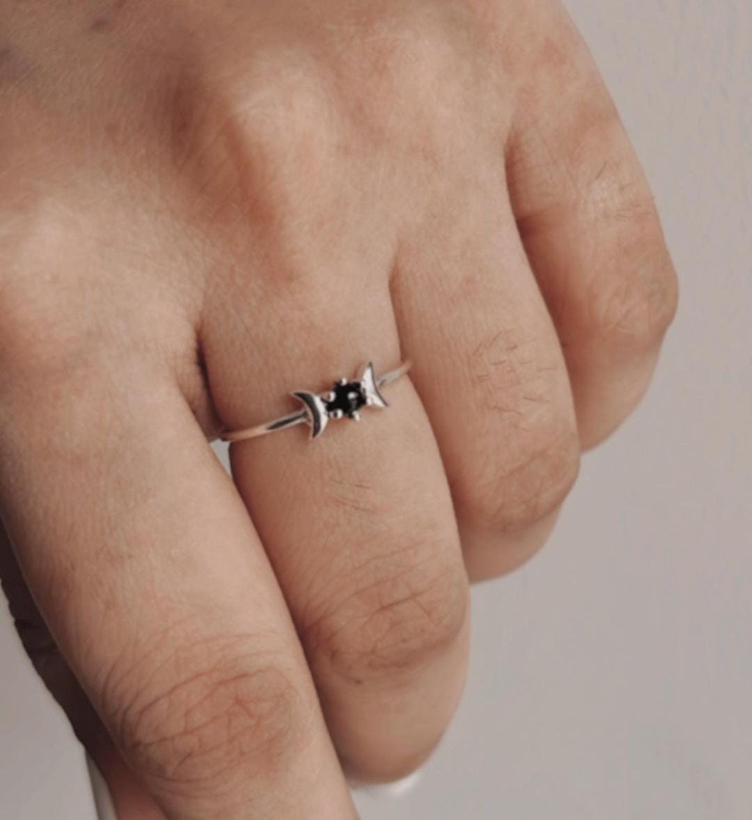 Chic Silver Ring with Black Onyx Moon Phases Motif