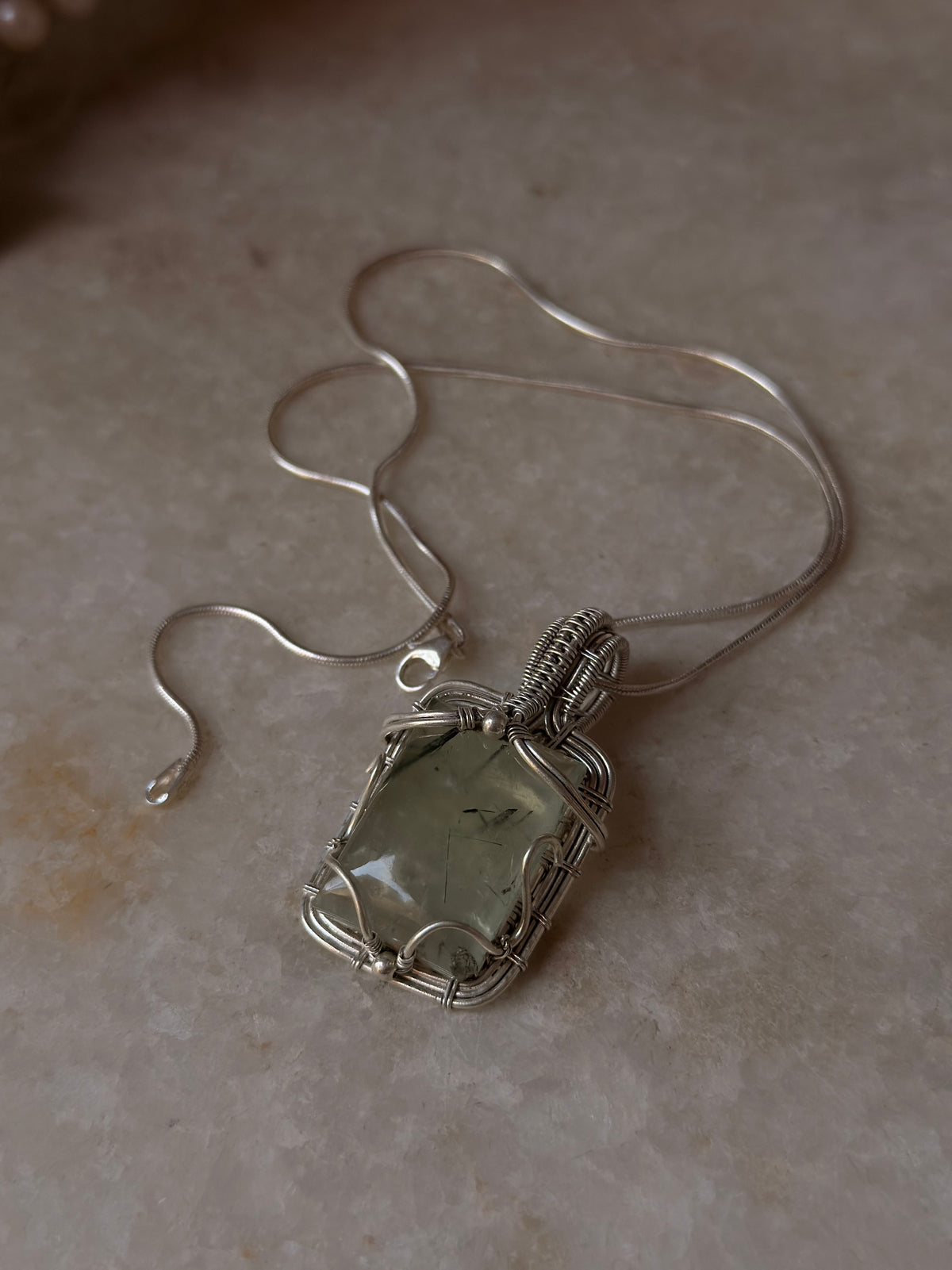 925 Sterling Silver Pherenite  Rectangle Wire Wrapped Handcrafted One of a Kind Pendant