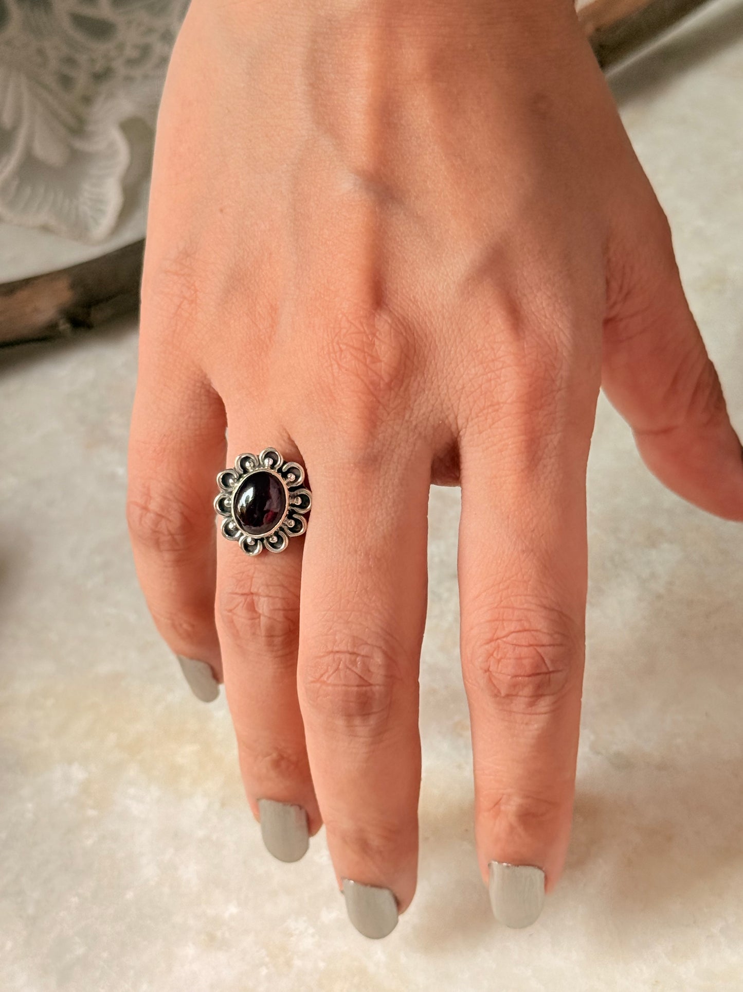 925 Sterling Silver Garnet Oval Flower Boho Ring