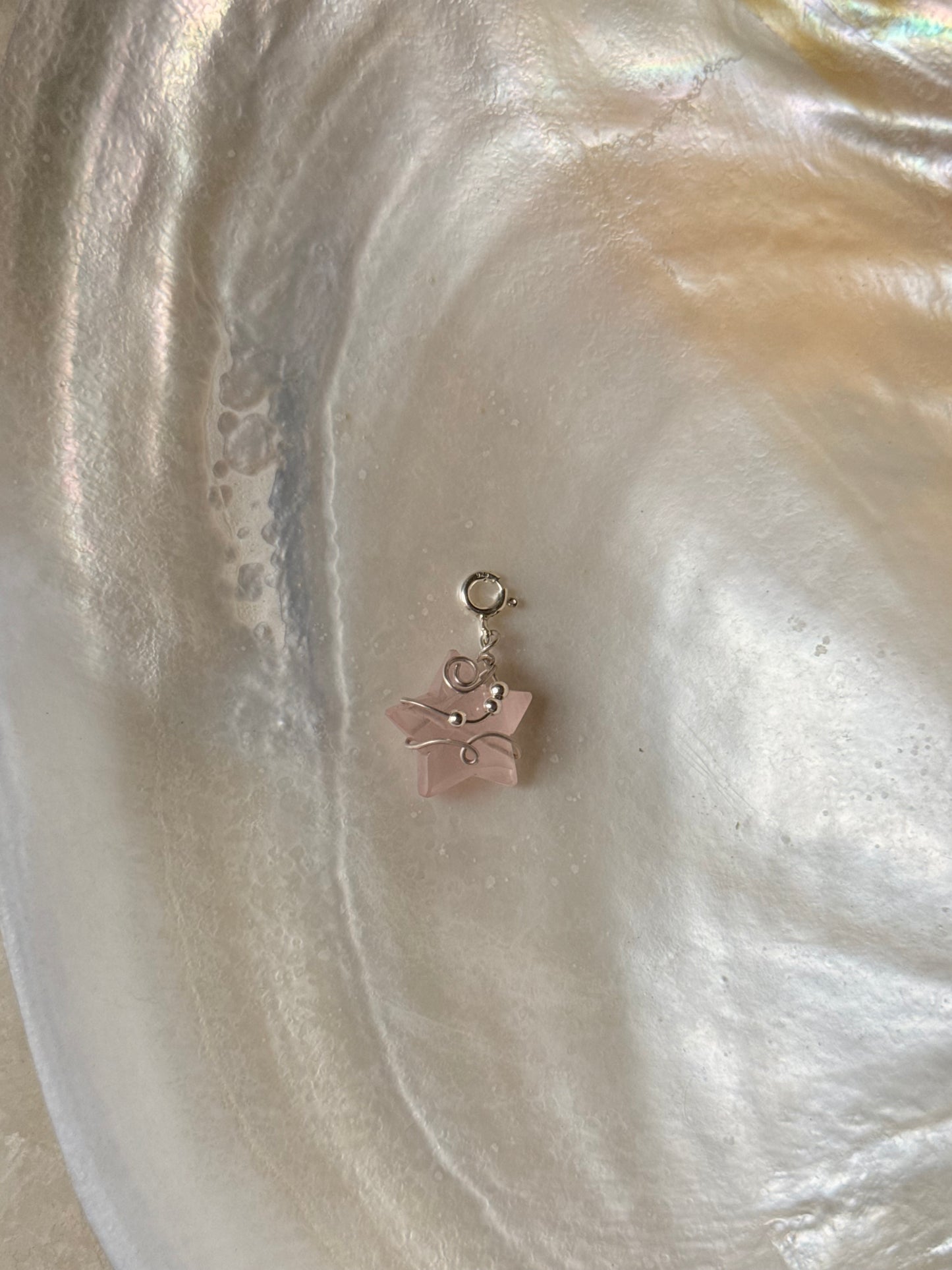 925 Sterling Silver Rose Quartz Star Carved -Wire Wrapped Handcrafted Pendant