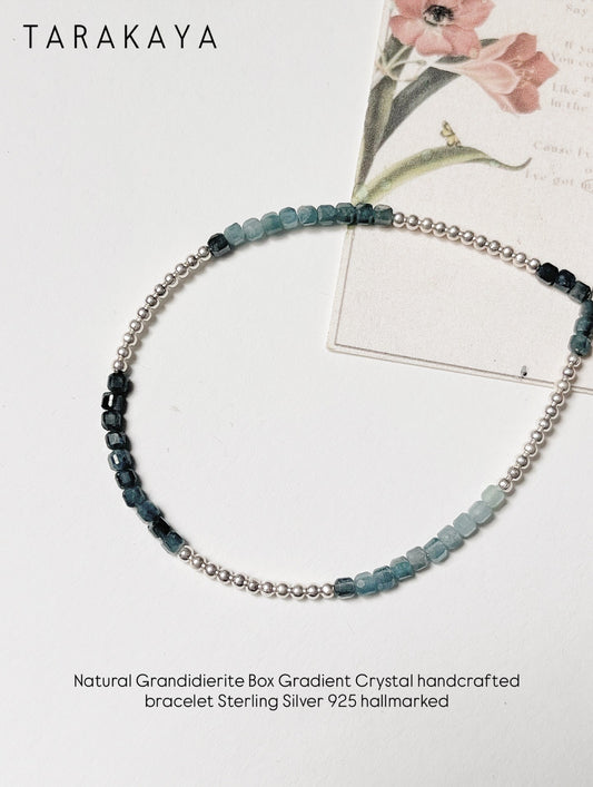 Natural Grandidierite Box Gradient & Silver 2mm Beads Handcrafted 925 Sterling Silver Bracelet