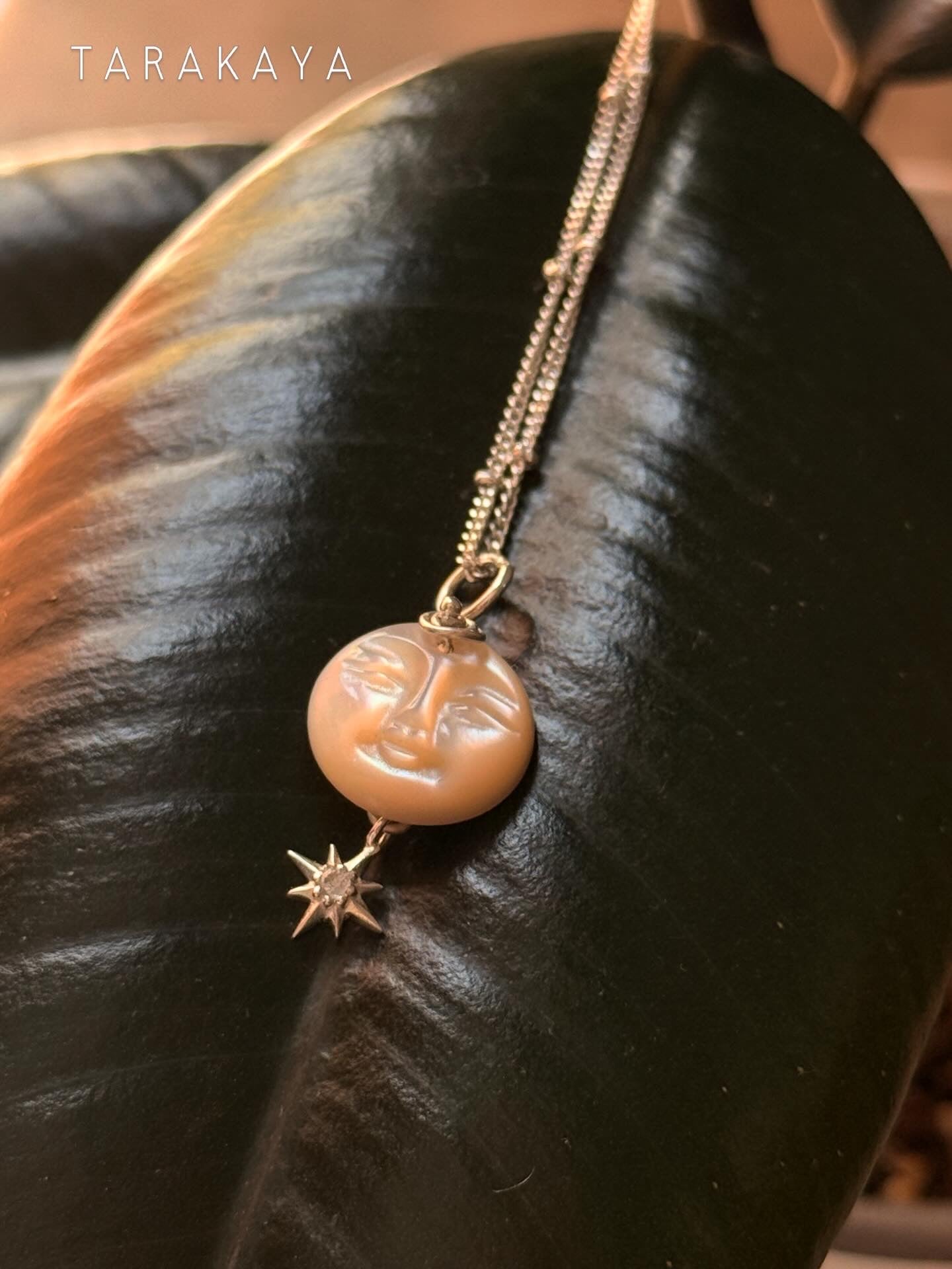 925 Sterling Silver Mother of Pearl Full Moon Face Carved White Topaz North Star Cable Dot Handcrafted Necklace