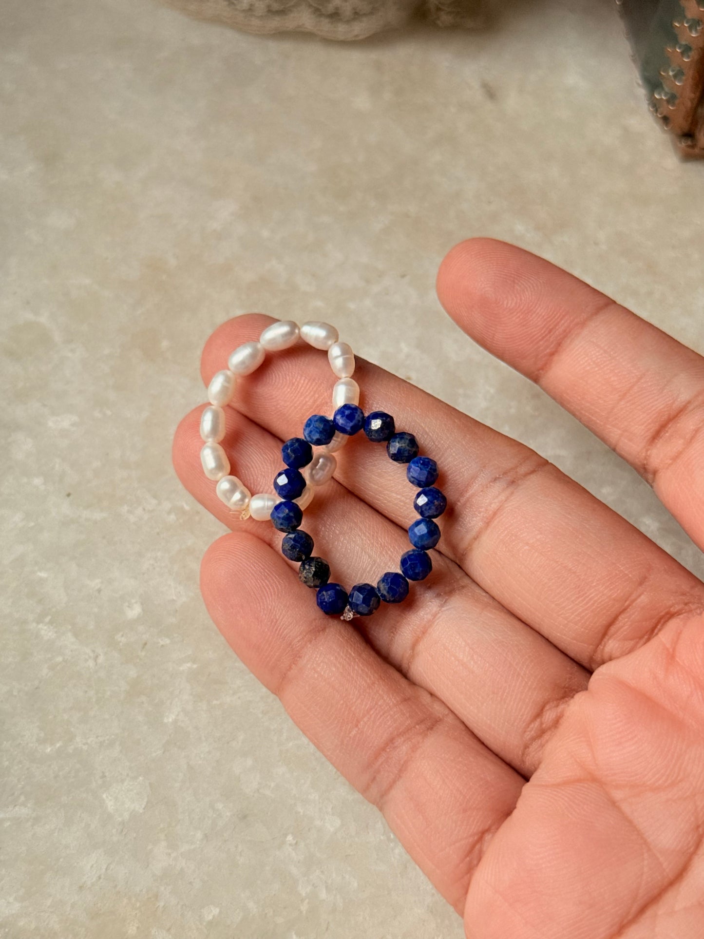 Natural Crystal Stretchy Lapis Lazuli 3-4mm & Fresh Water Pearl Rings