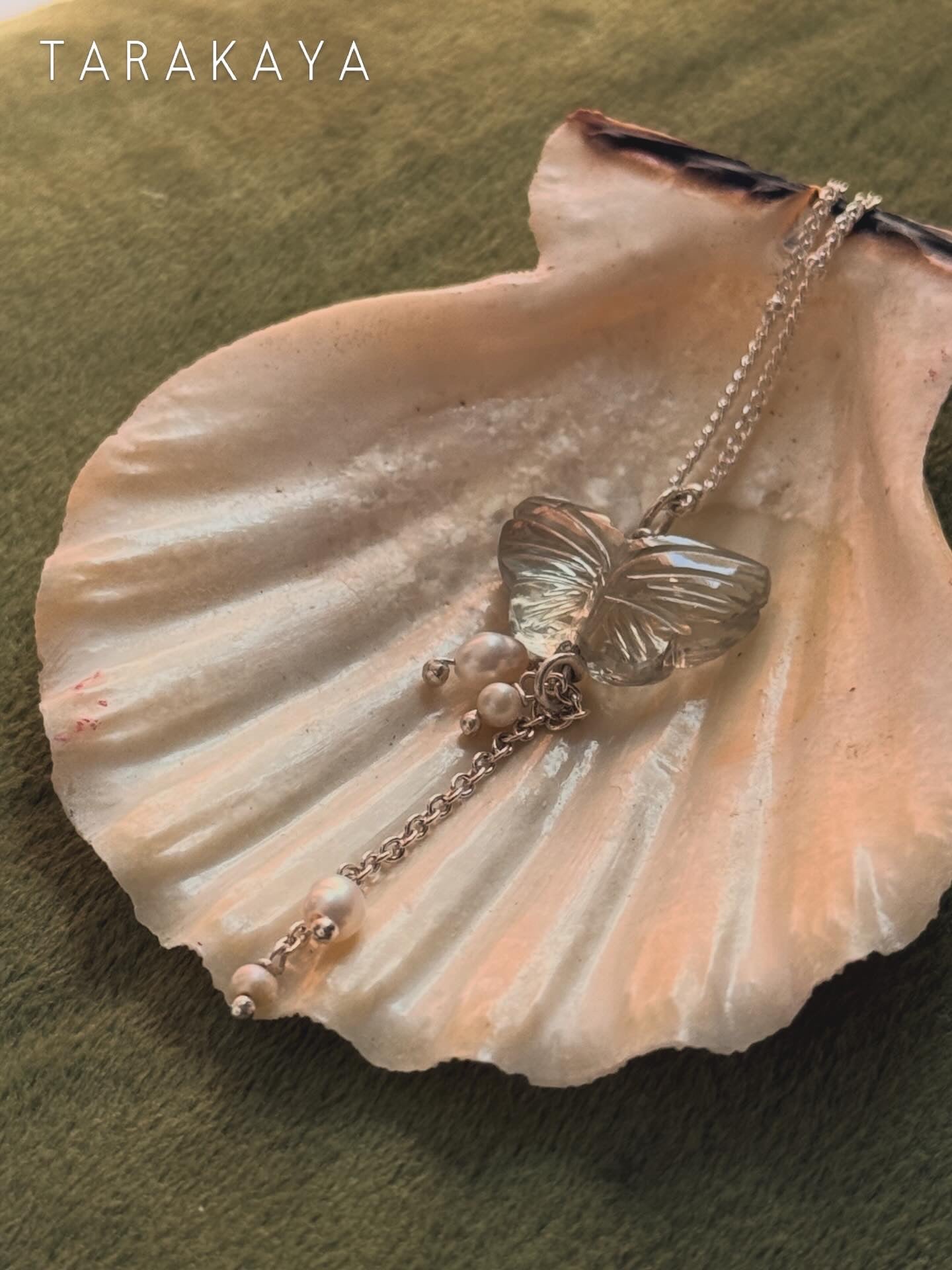 925 Sterling Silver Green Amethyst Butterfly, Fresh Water Pearls Handcrafted Necklace