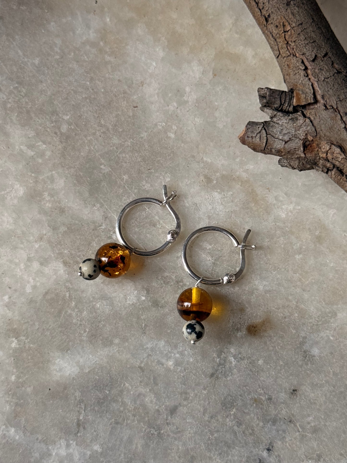 925 Sterling Silver Amber, Dalmation Jasper Italian Hoops