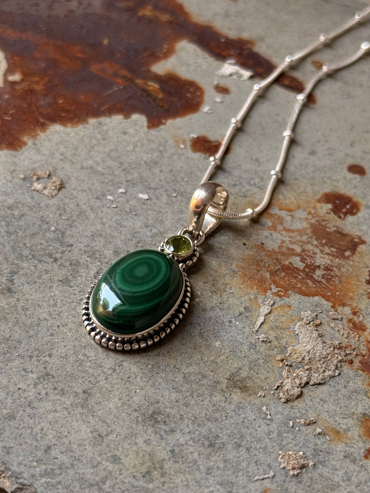 925 Sterling Silver Malachite Oval &  Peridot Round Faceted Handcrafted One of a Kind Pendant