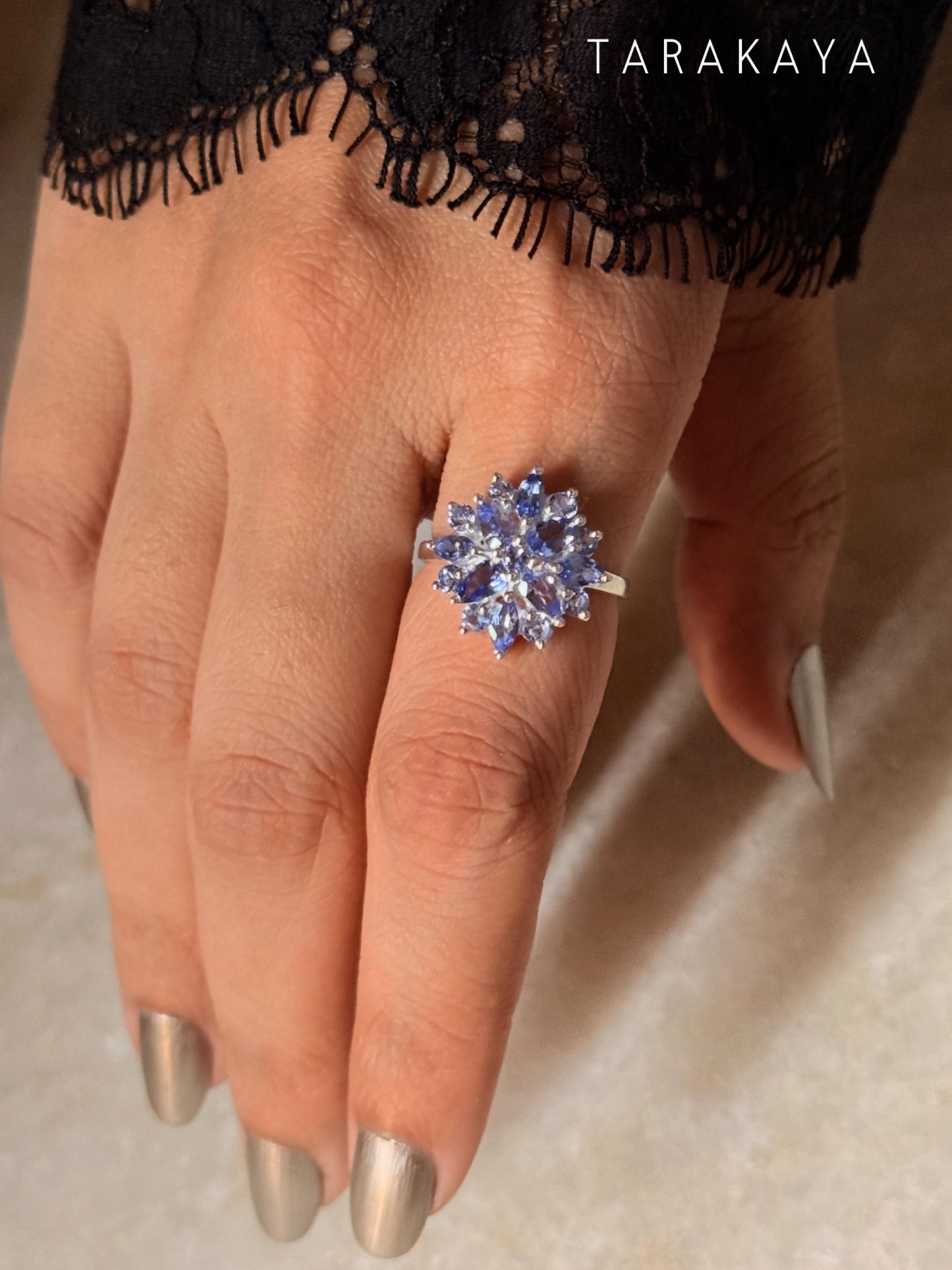 925 Sterling Silver Natural Tanzanite Faceted Big Flower Statement Ring