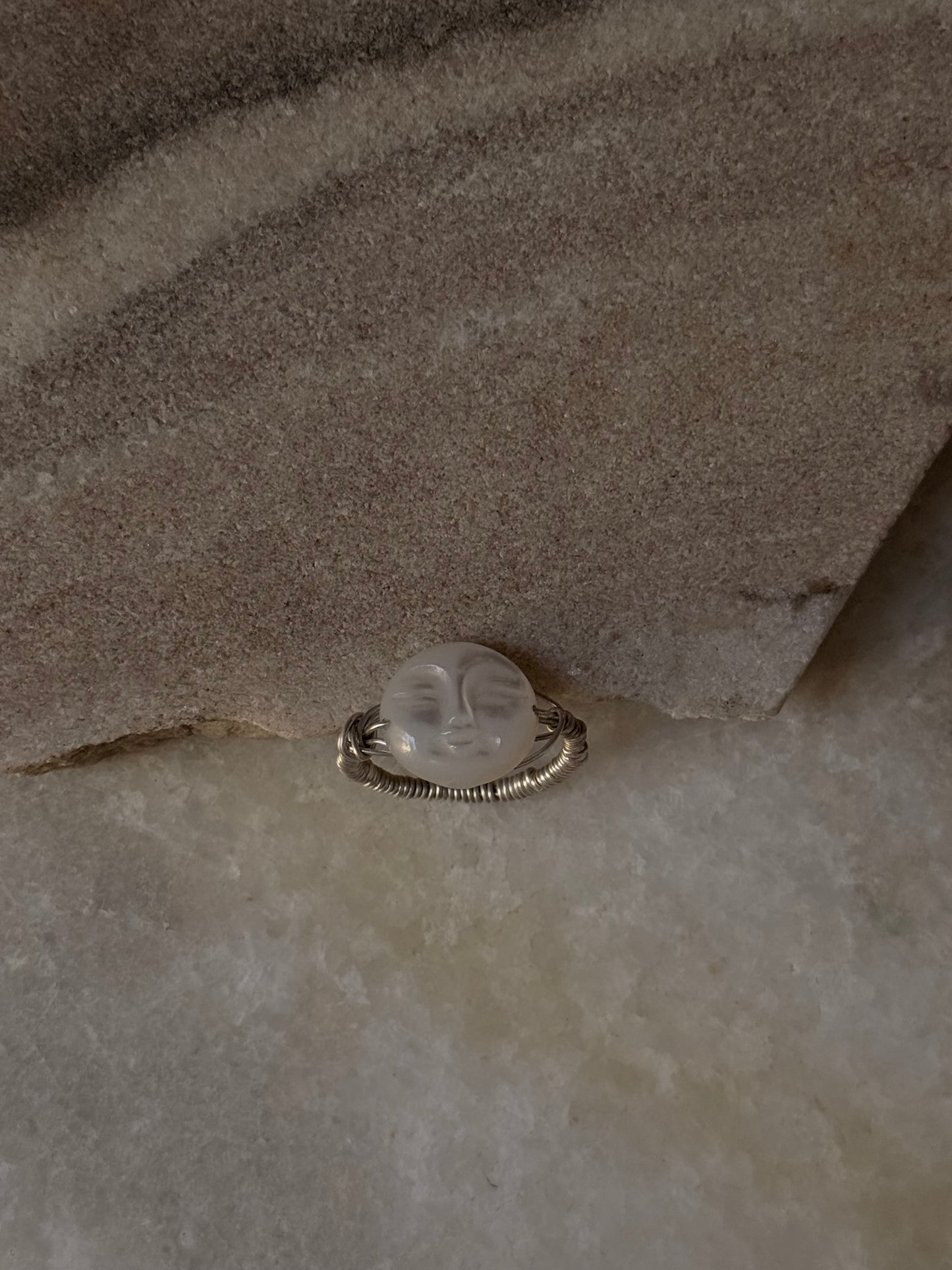 925 Sterling Silver Mother of Pearl Moon Face Wire Wrapped Handcrafted Ring