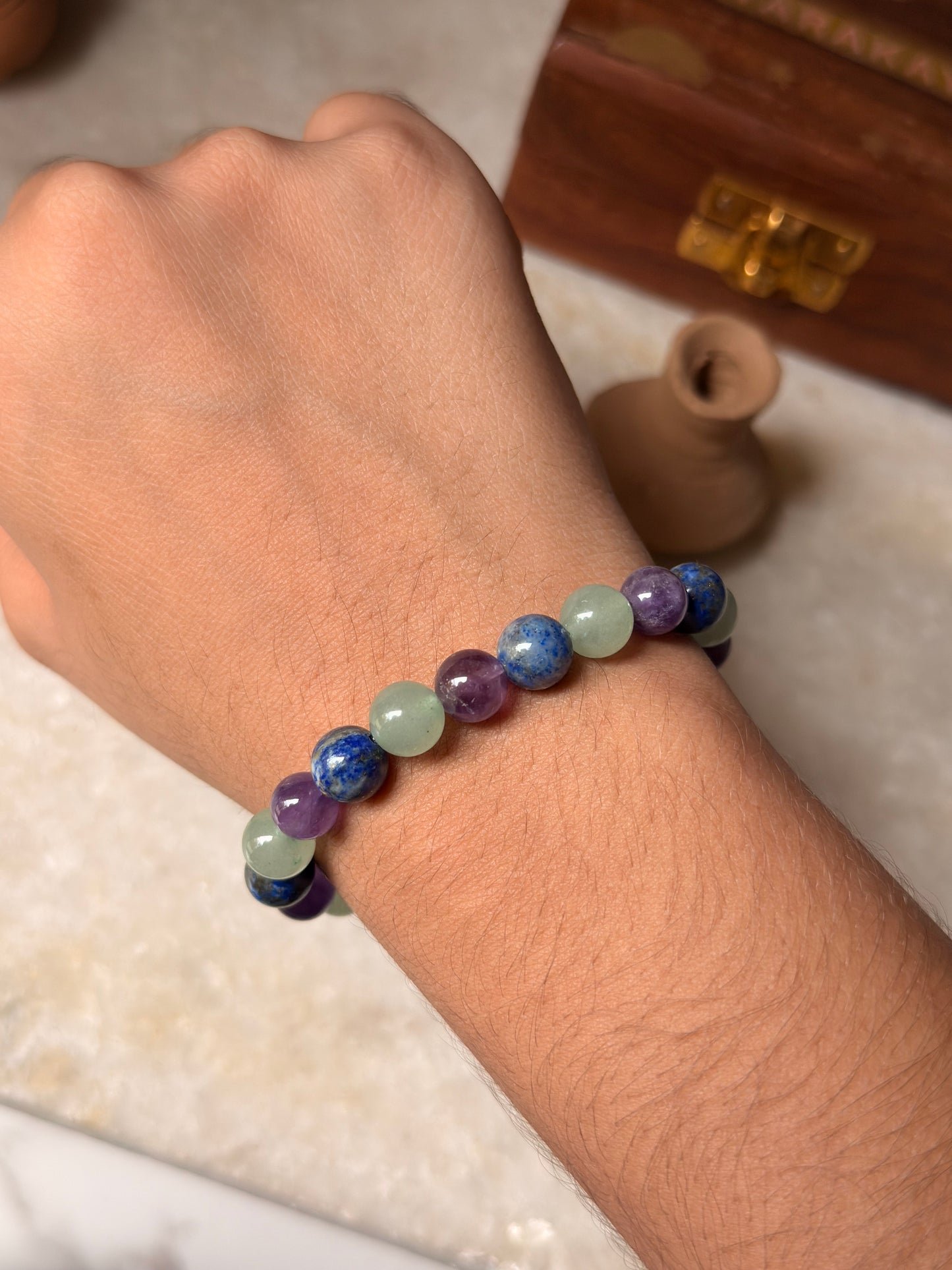 Natural Crystal Amethyst, Lapis Lazuli & Green Aventurine 8mm Bracelet