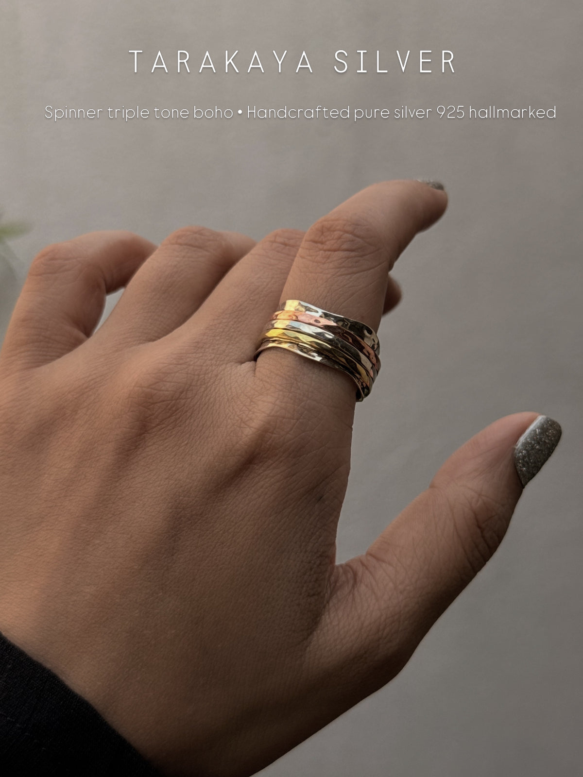 925 Sterling Silver Triple Tone Moving Bands Spinner Ring