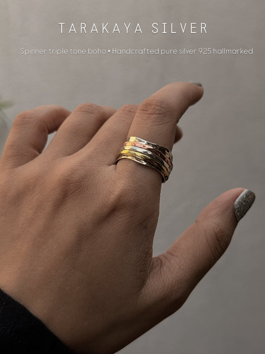 925 Sterling Silver Triple Tone - Brass • Copper • Silver Moving Bands Spinner / Fidget Ring
