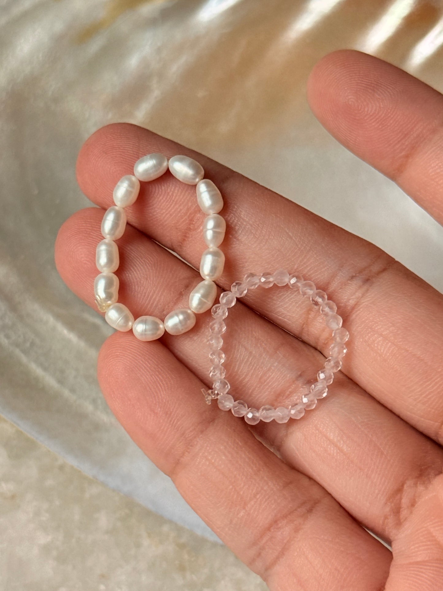 Natural Crystal Stretchy Light Shade Rose Quartz 2mm & Fresh Water Pearl Rings
