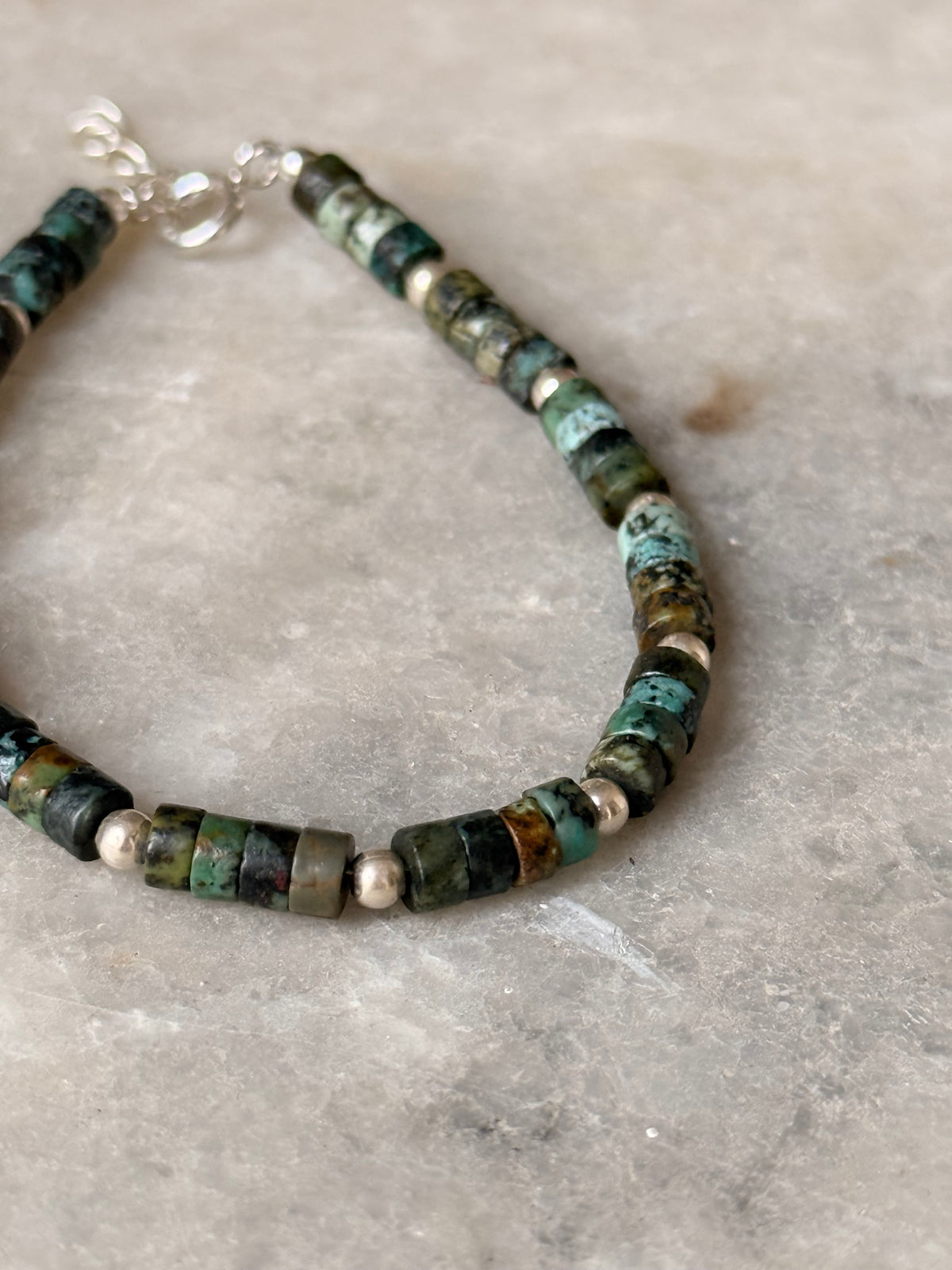 925 Sterling Silver African Turquoise Flat Tube Crystal Silver Balls Bracelet