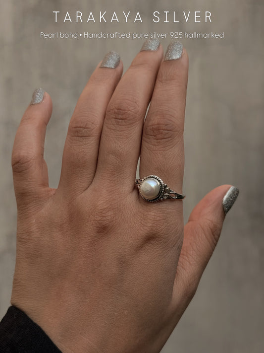 925 Sterling Silver Pearl Round Boho Ring