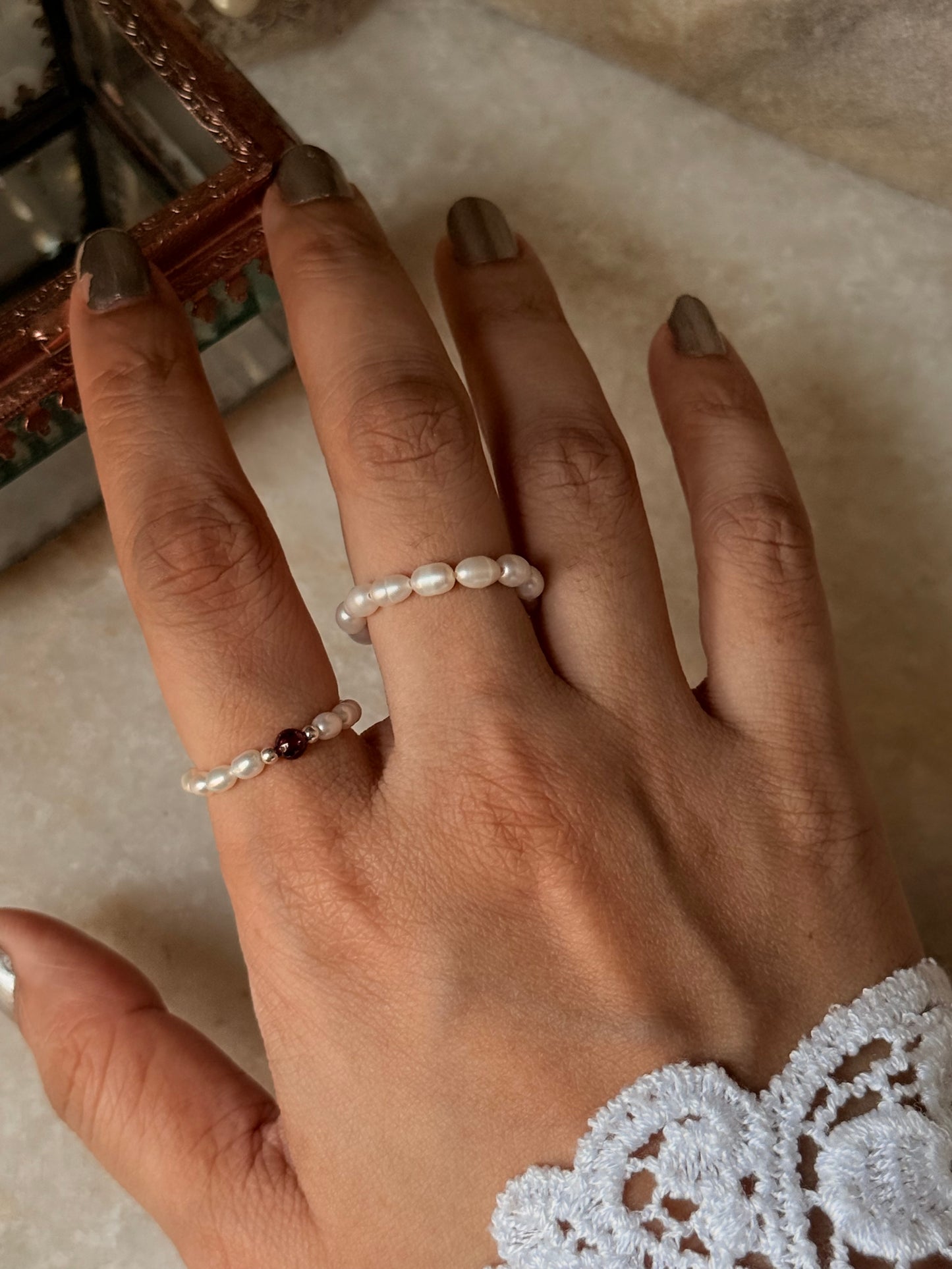Natural Crystal Stretchy Fresh Water Pearl & Garnet Silver Ball Rings
