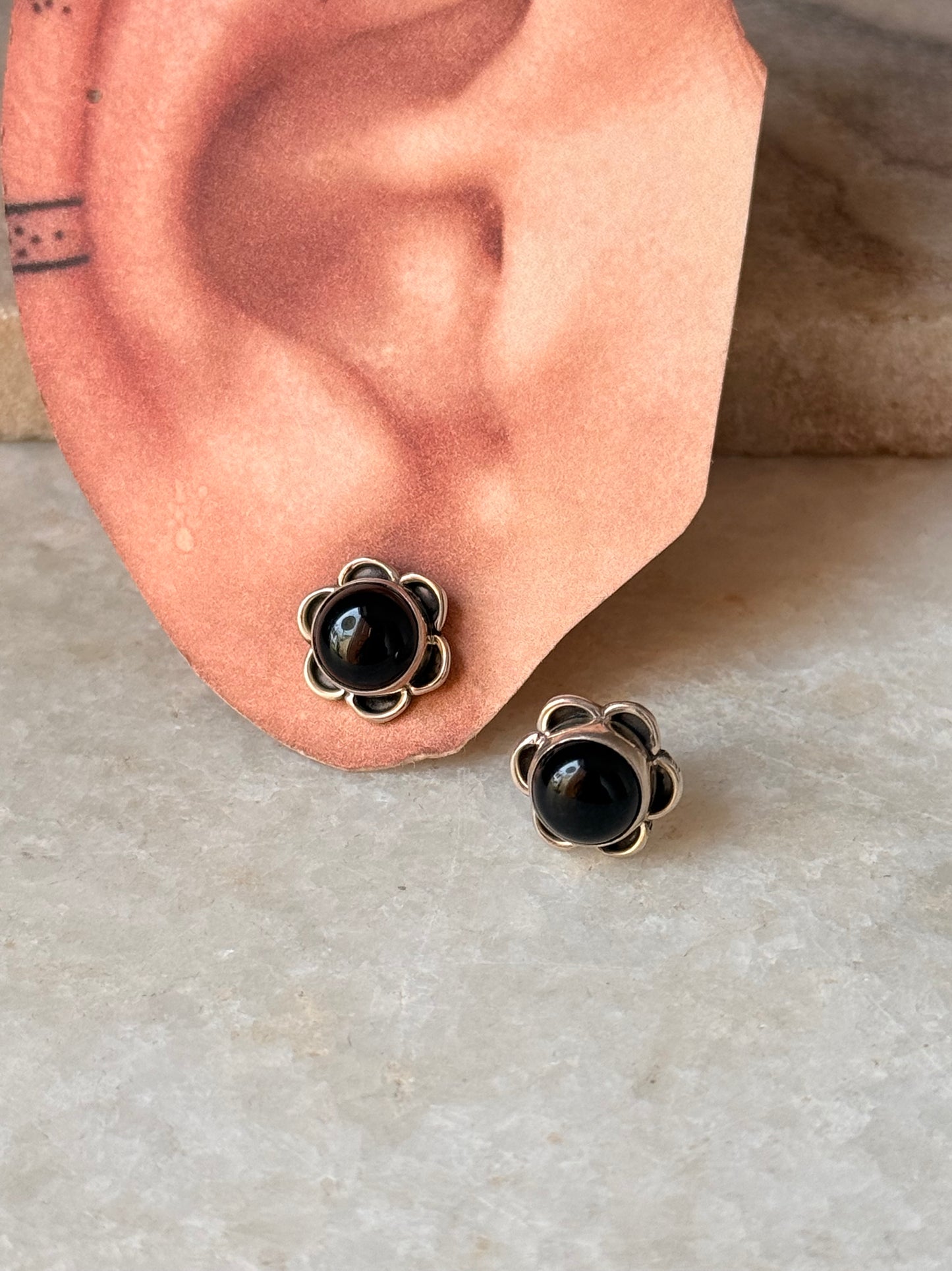 925 sterling silver Black Onyx Flower Studs Earrings