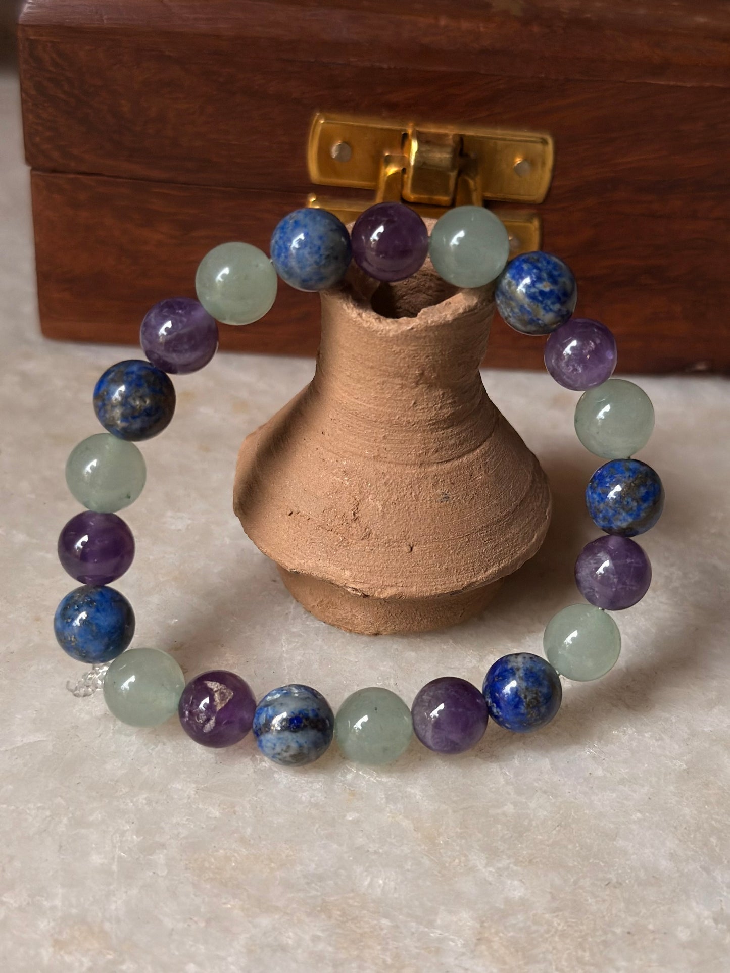 Natural Crystal Amethyst, Lapis Lazuli & Green Aventurine 8mm Bracelet