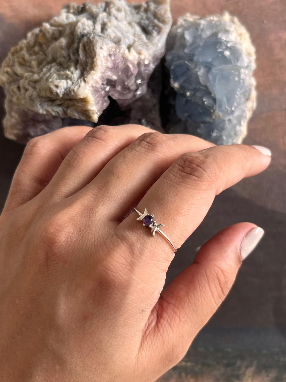 Lunar Phases Silver Ring with Amethyst Center Stone