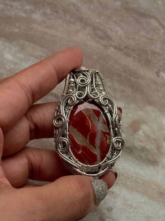 925 Sterling Silver Jasper Crystal Wire Wrapped Statement Handcrafted Pendant