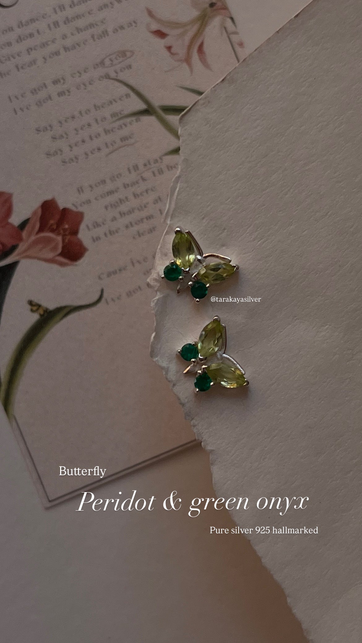 Butterfly Peridot and Green Onyx Silver Stud Earrings