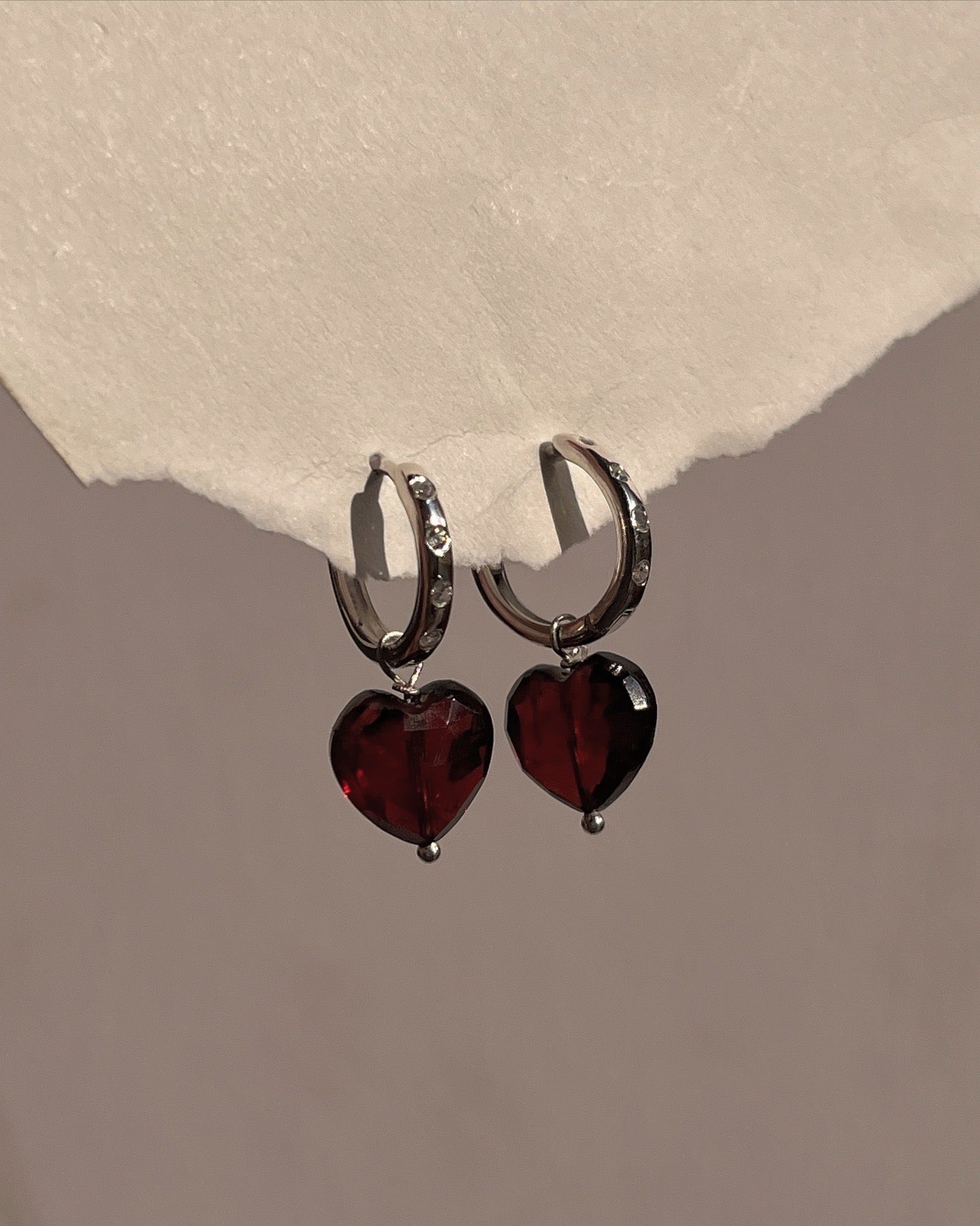 Garnet Heart Sparkling CZ Silver Huggies for Elegant Style