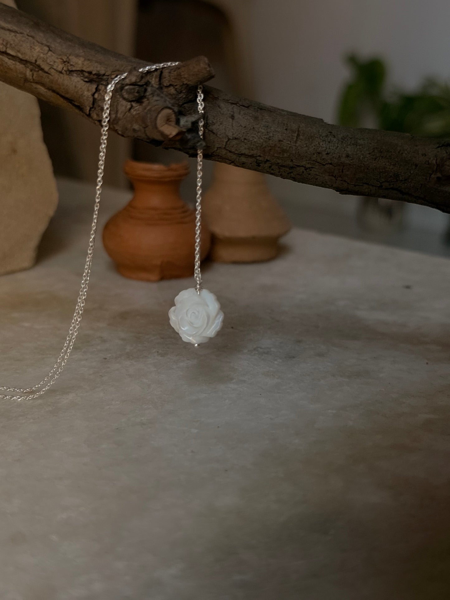 925 Sterling Silver Mother of Pearl Rose Carved Handcrafted Necklace