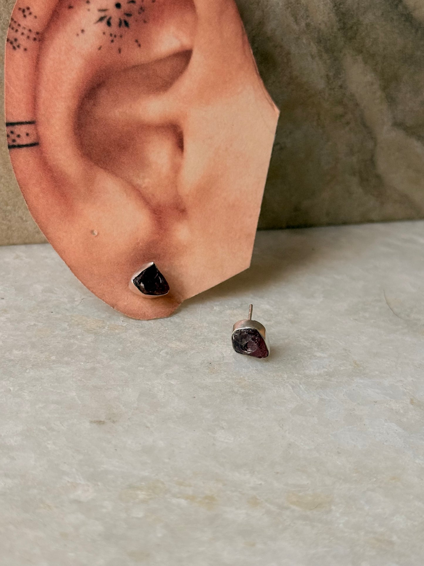 925 Sterling Silver Garnet Raw Uncut Studs Earrings